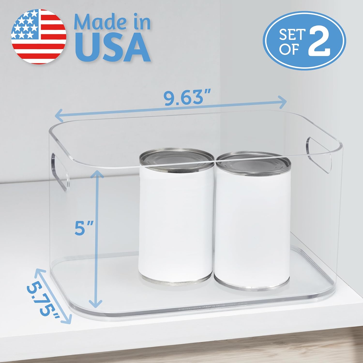 Private Label STORi Bliss 10" x 6" Open Clear Pantry Organizer Bin, Set of 2, Plastic Containers with Handle for Kitchen, Fridge, Cabinet, Closet, Bathrom, Undersink Storage Made in USA Custom Logo Service