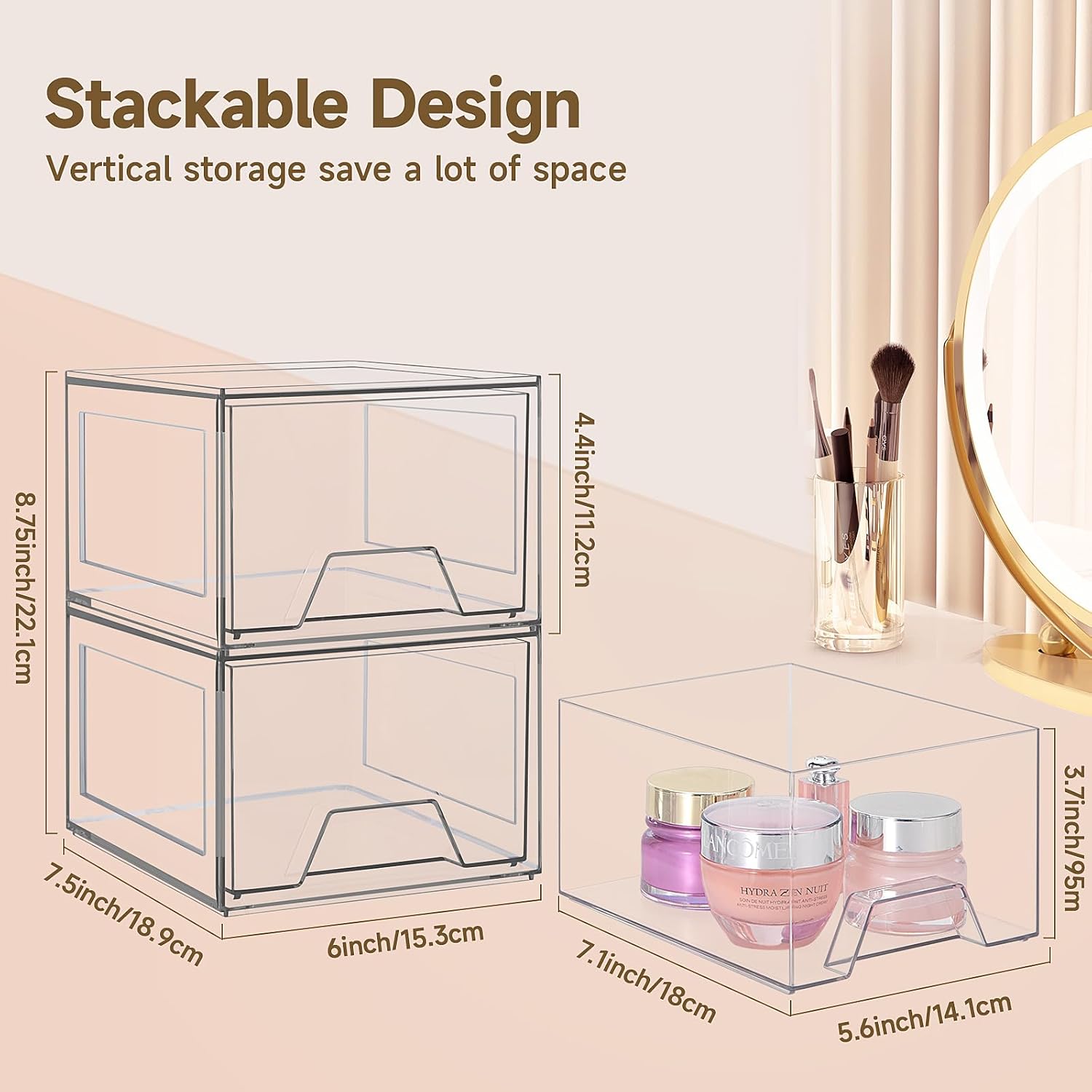 Private Label 4 Pack Stackable Organizer Drawers, 4.4" Tall Clear Bathroom Makeup Organizer and Storage, Acrylic Small Organizers Bins for Vanity, Undersink, Bathroom, Pantry, Kitchen Cabinets Custom Logo Service