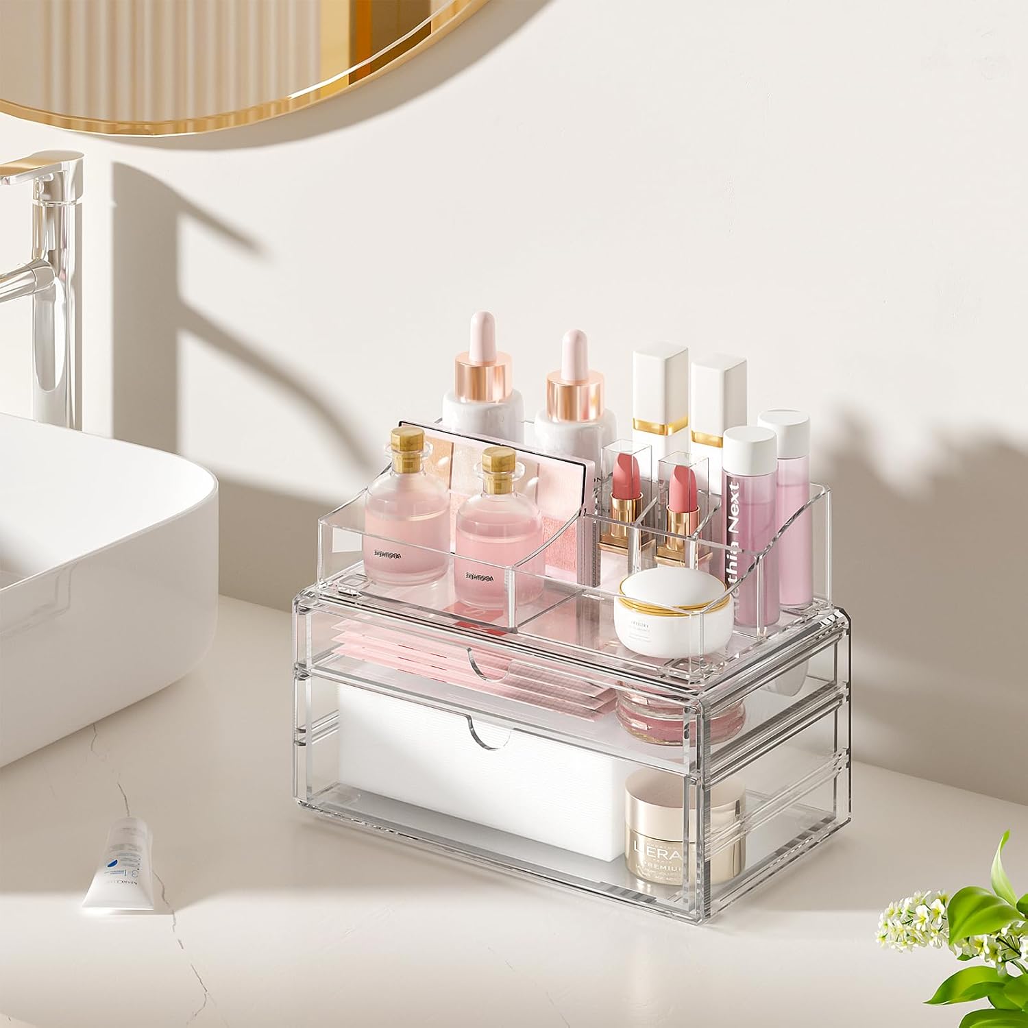 Private Label Delamu 3-Tier Clear Makeup Organizer with Drawer, Acrylic Cosmetic Display Case for Makeup Vanity Bathroom Counter Organizers and Storage, Stackable Vanity Organizer for Brushes Lipsticks Skincare Factory Direct Price