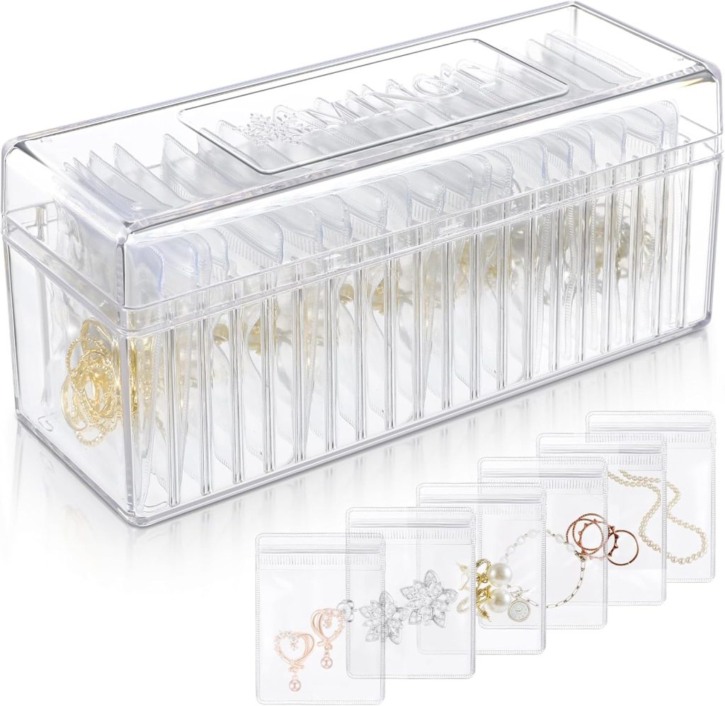 Acrylic Jewelry Organizer, Clear Acrylic Jewelry Box Organizer With 20 Portable Anti Tarnish Jewelry Bags, Clear Earring Storage Organizer For Rings/Necklaces For Women Girls