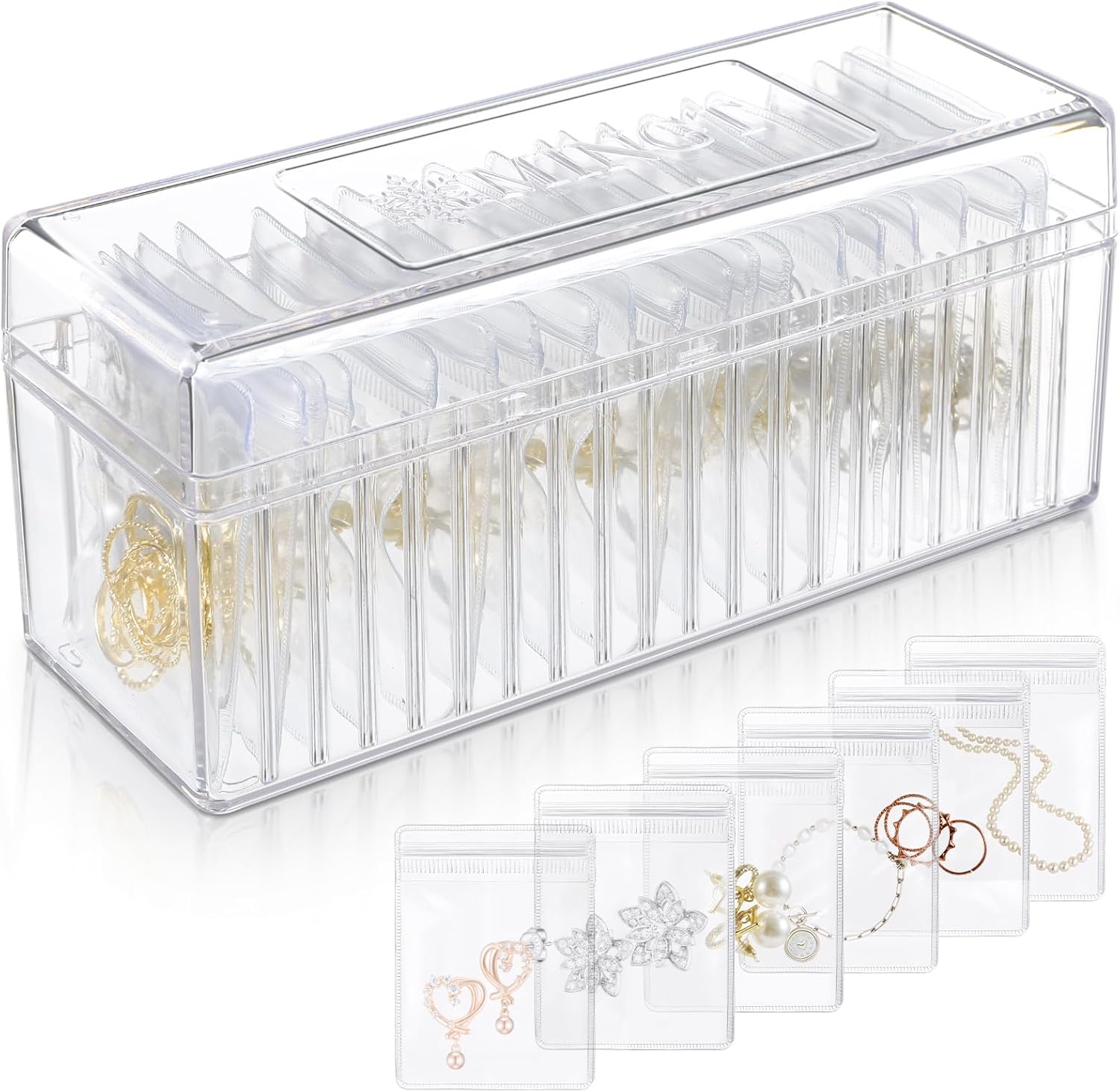 Acrylic Jewelry Organizer, Clear Acrylic Jewelry Box Organizer With 20 Portable Anti Tarnish Jewelry Bags, Clear Earring Storage Organizer For Rings/Necklaces For Women Girls
