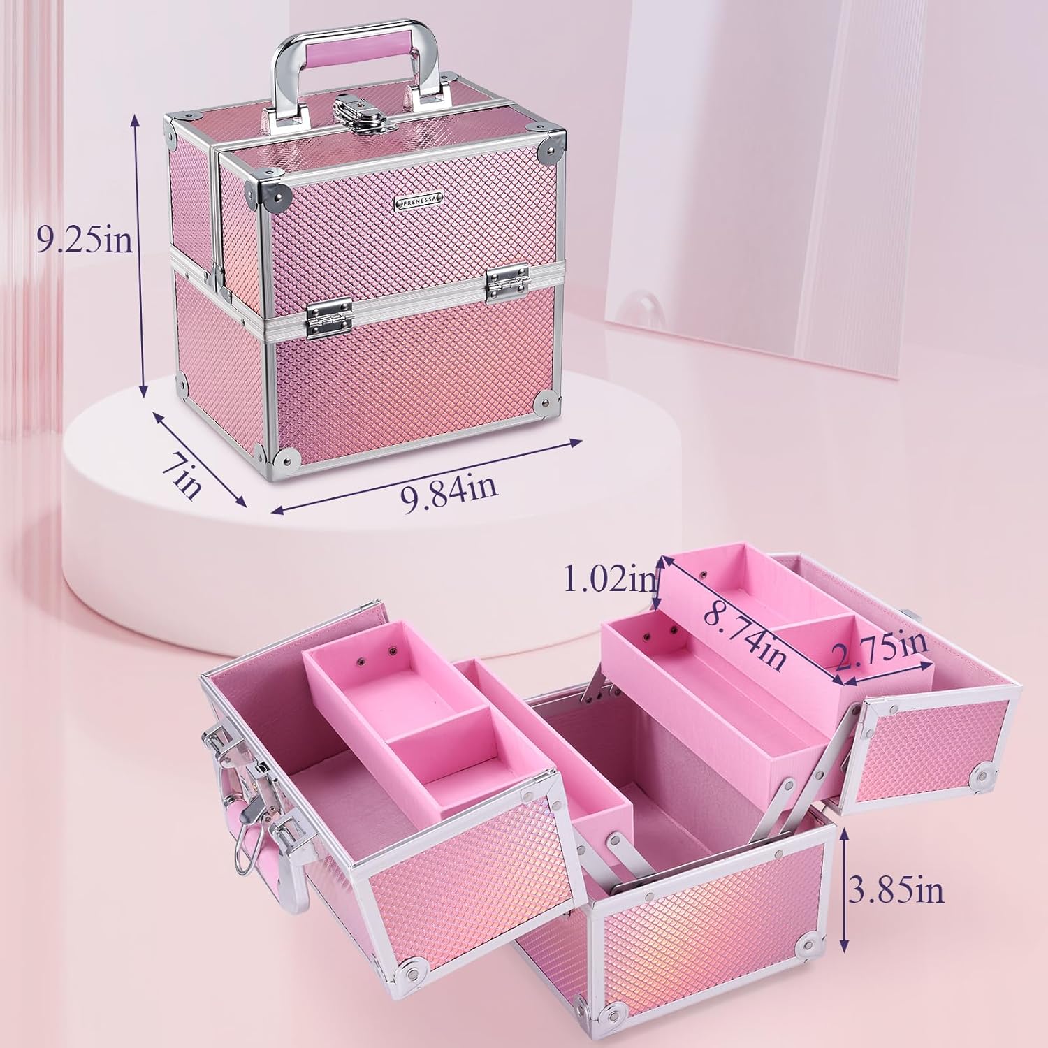 Private Label Frenessa Makeup Case Makeup Box Cosmetic Organizer Case Portable Make Up Artist Travel Case Storage Box 4 Trays with Dividers Lockable Hard Train Case Nail Tech Supply Storage Mermaid Pink Custom Logo Service