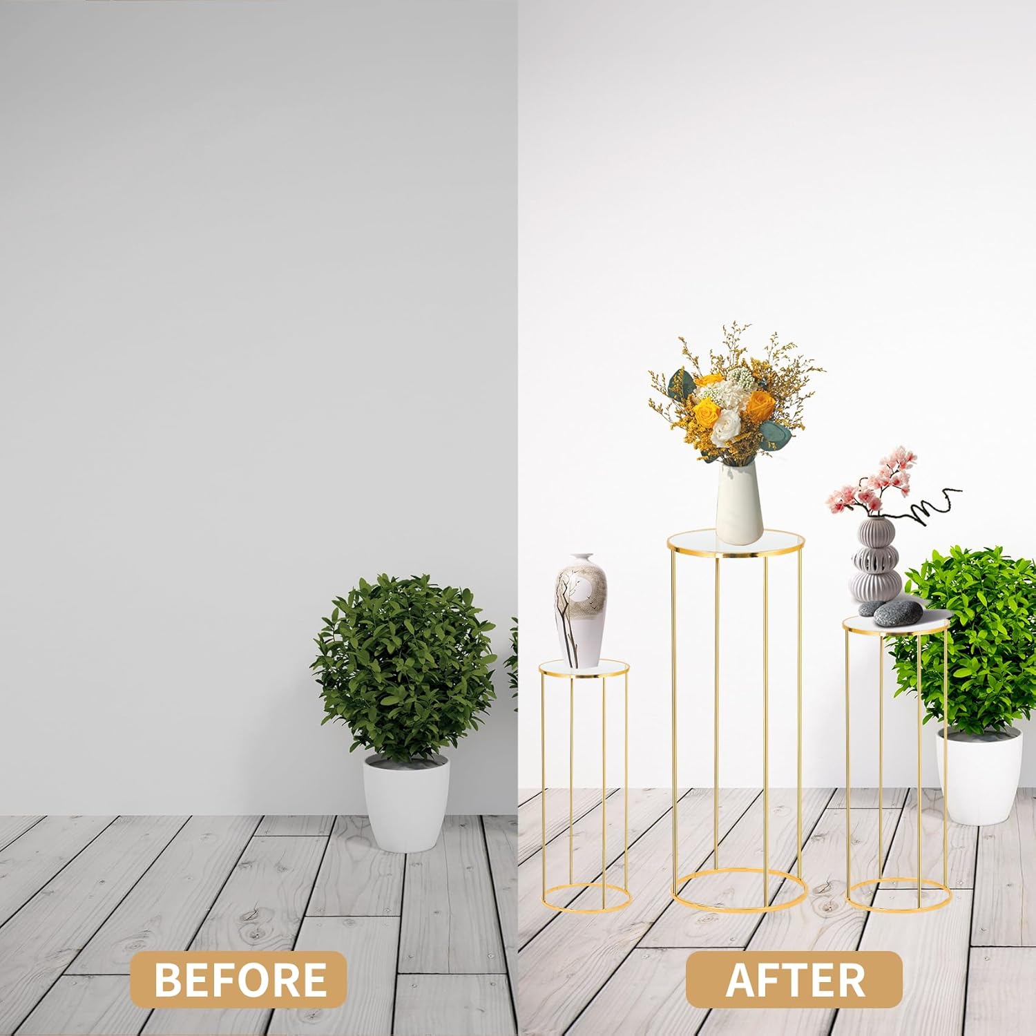 Private Label 3pcs Gold Metal Plant Stand, Cylinder Pedestal Stands for Parties, Metal Plant Columns Pedestal Stands for Display, Round Cylinder Columns tables for Weddings Cake Stand Floor Plant Tables OEM Wholesale Manufacturer