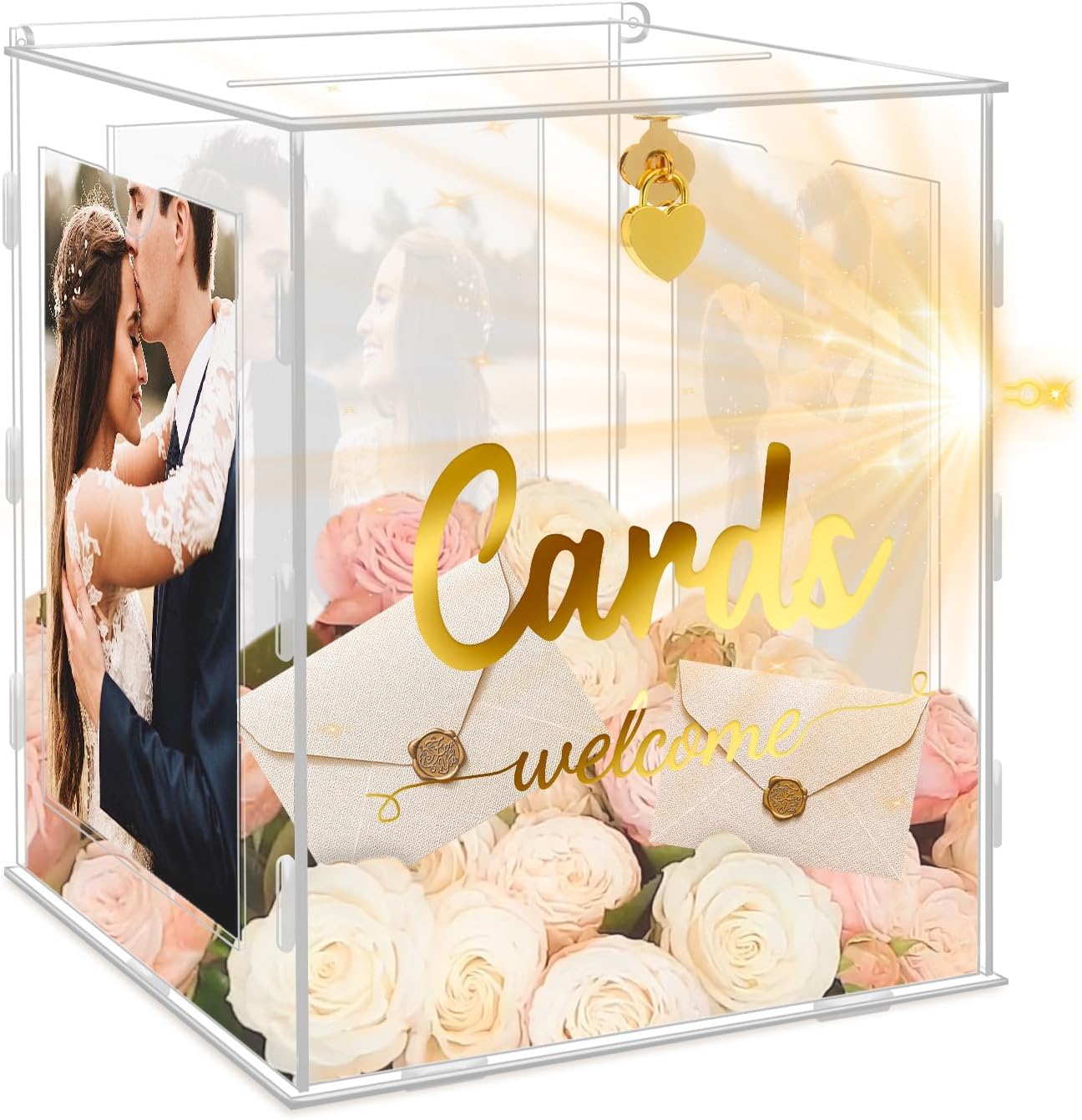 Acrylic Wedding Card Box with Picture Frame, Acrylic Card Box with Slot, Clear Gift for Wedding Reception Anniversary Graduation Birthday Party Baby Shower