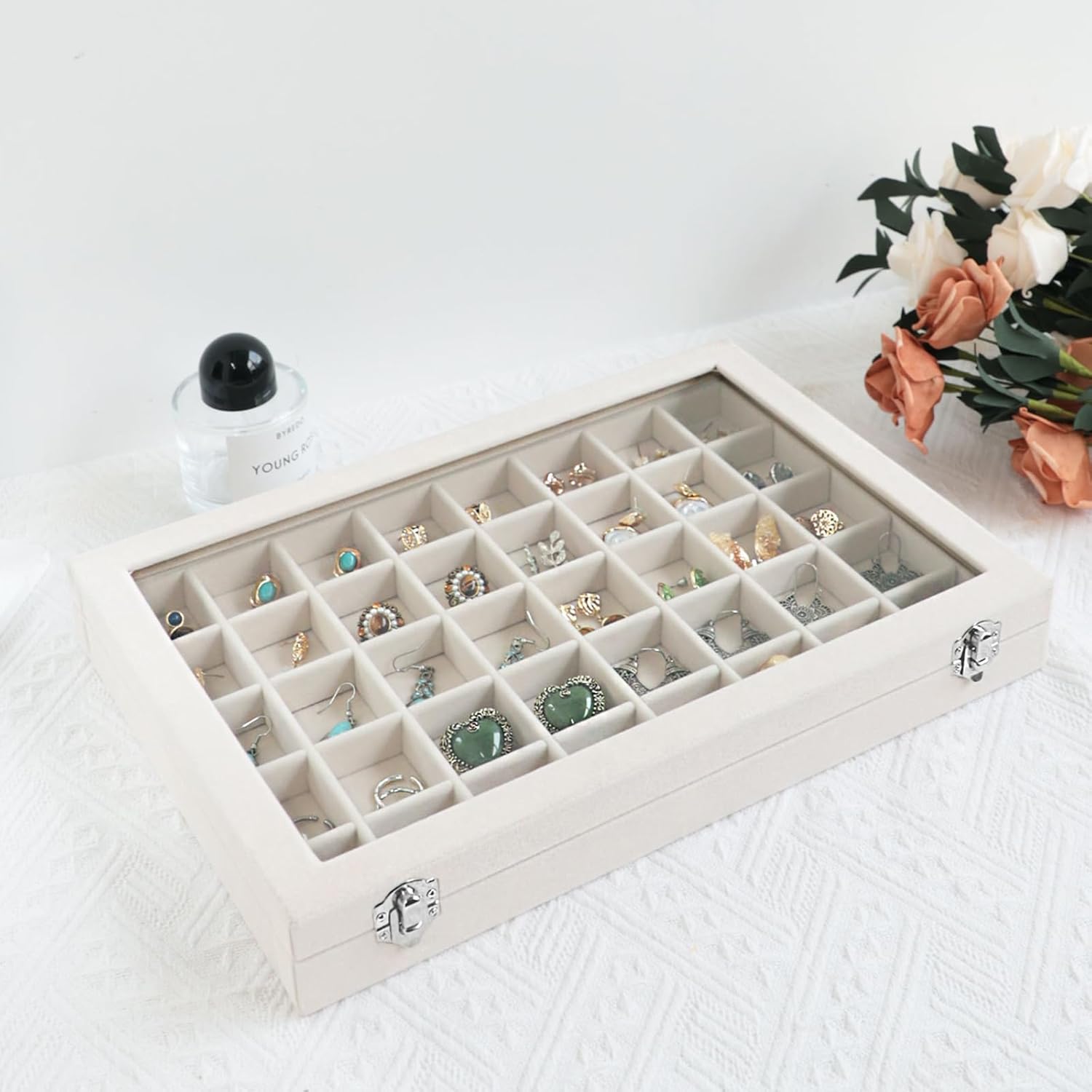 Direct Manufacturer Wudygirl Large Jewelry Organizer Box with 40 Compartments Earring Holder Organizer Velvet Ring Display and Necklace Storage Tray Jewelry Box for Women (Beige Velvet) Low MOQ