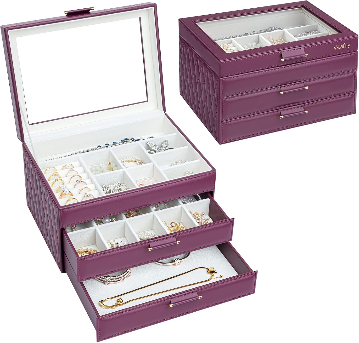 Jewelry Organizer Jewelry Boxes for Women, Jewelry Box Clear Acrylic Lid 3-Tier with 2 Drawers, Gift for Women Storage Earring Necklace Watch Bracelet and Rings, Burgundy Red