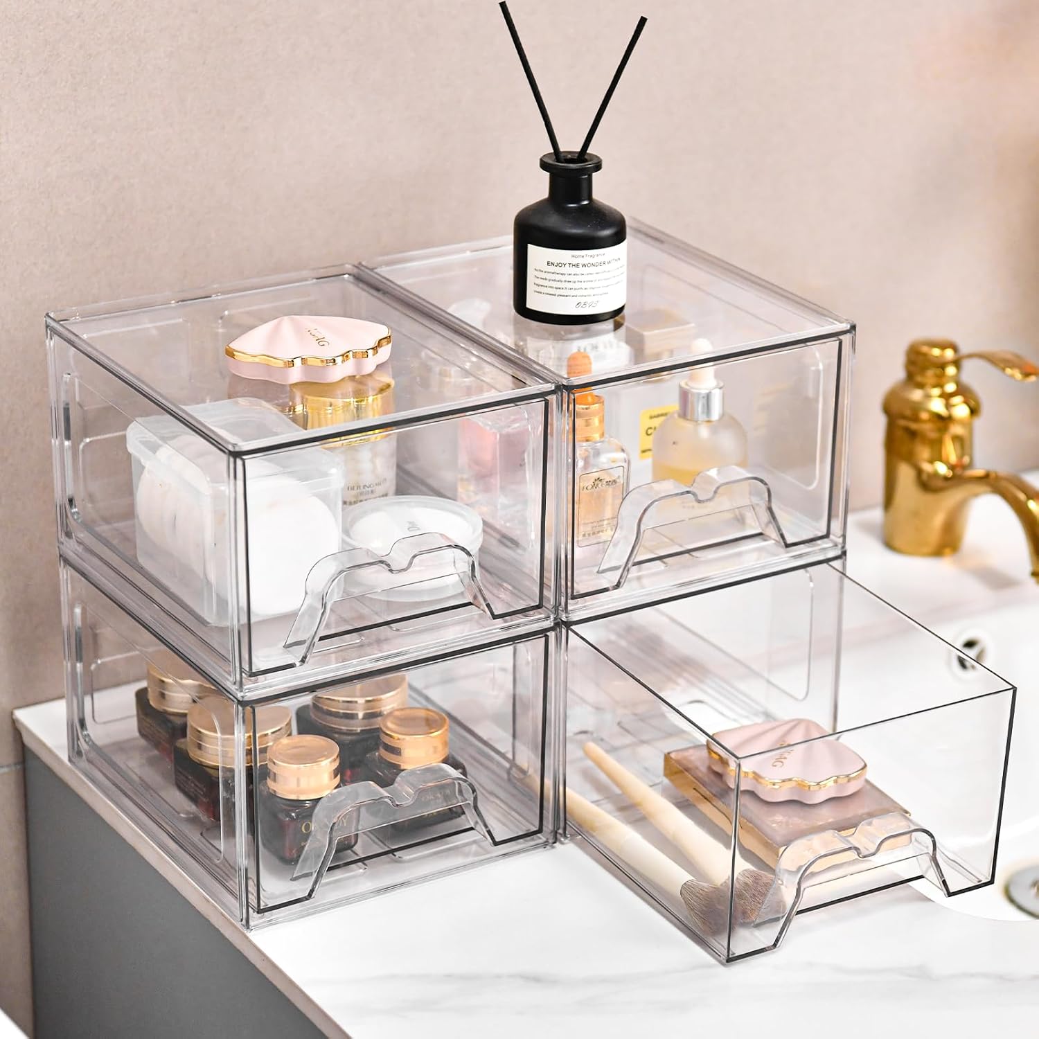 Private Label Plastic Drawers Storage, 4 Pack Clear Stackable Storage Drawers, Acrylic Storage Bins with Drawers for Fridge Organizers, Small PlasticDrawers Stackable for Makeup Organizers Cosmetic Display Custom Logo Service