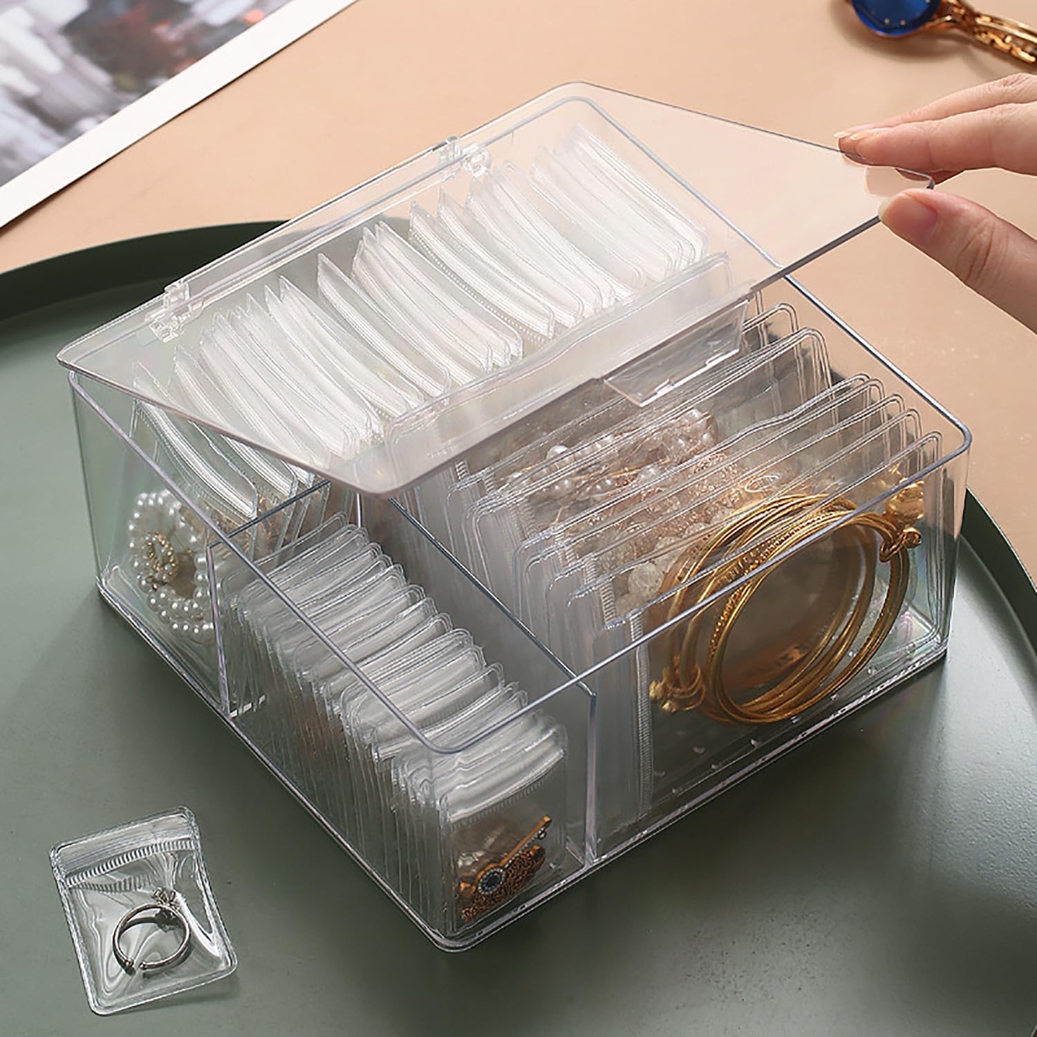 Direct Manufacturer 4 In 1 Acrylic Jewelry Organizers and Storage with 60 Portable Anti Tarnish Jewelry Bags, Clear Jewelry Box Organizer, Travel Jewelry Case for Earrings/Rings/Necklaces for Women Girls Low MOQ