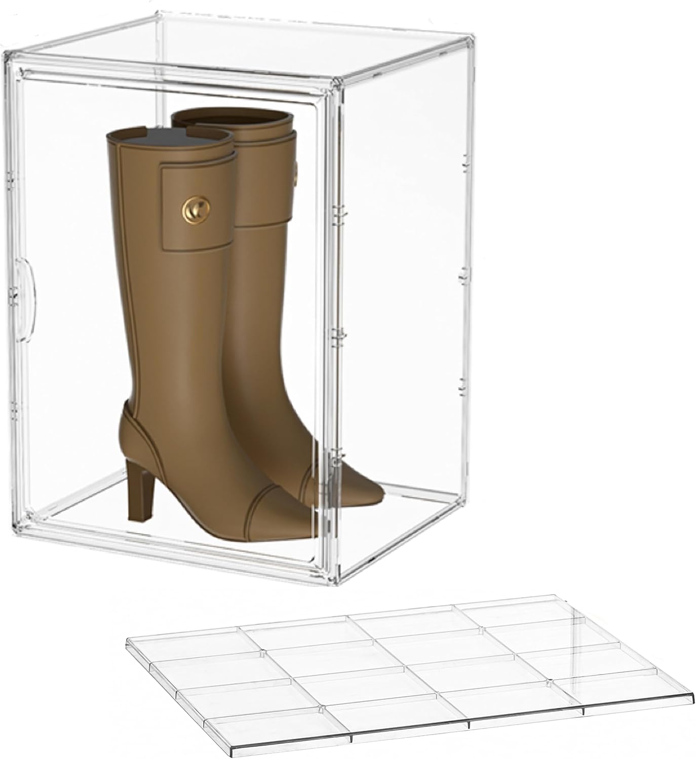 Attelite XXX-Large Clear Display Case Stackable Plastic Storage Bins with Lid, 2 Tiers Boot Shoe Box Organizers with an Adjustable Divider, Big Acrylic Display Storage Box with Magnetic Door