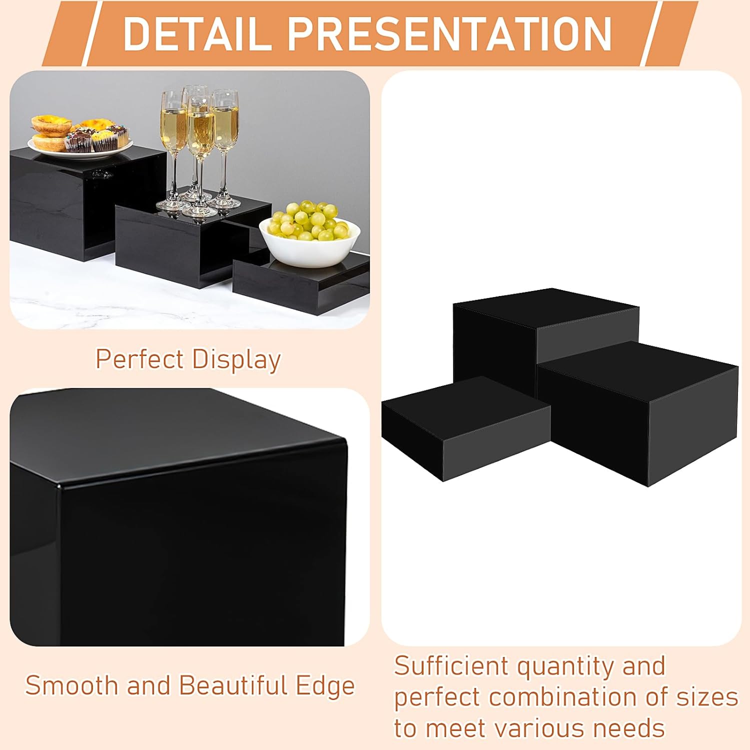 ODM 6 Pcs Buffet Risers,Food Risers for Buffet Display,Acrylic Cube Display Nesting Risers,Acrylic Riser Display Stand for Catering Dessert Collectibles Jewelry Figures Show,Black(6",7",8") Custom Logo Service