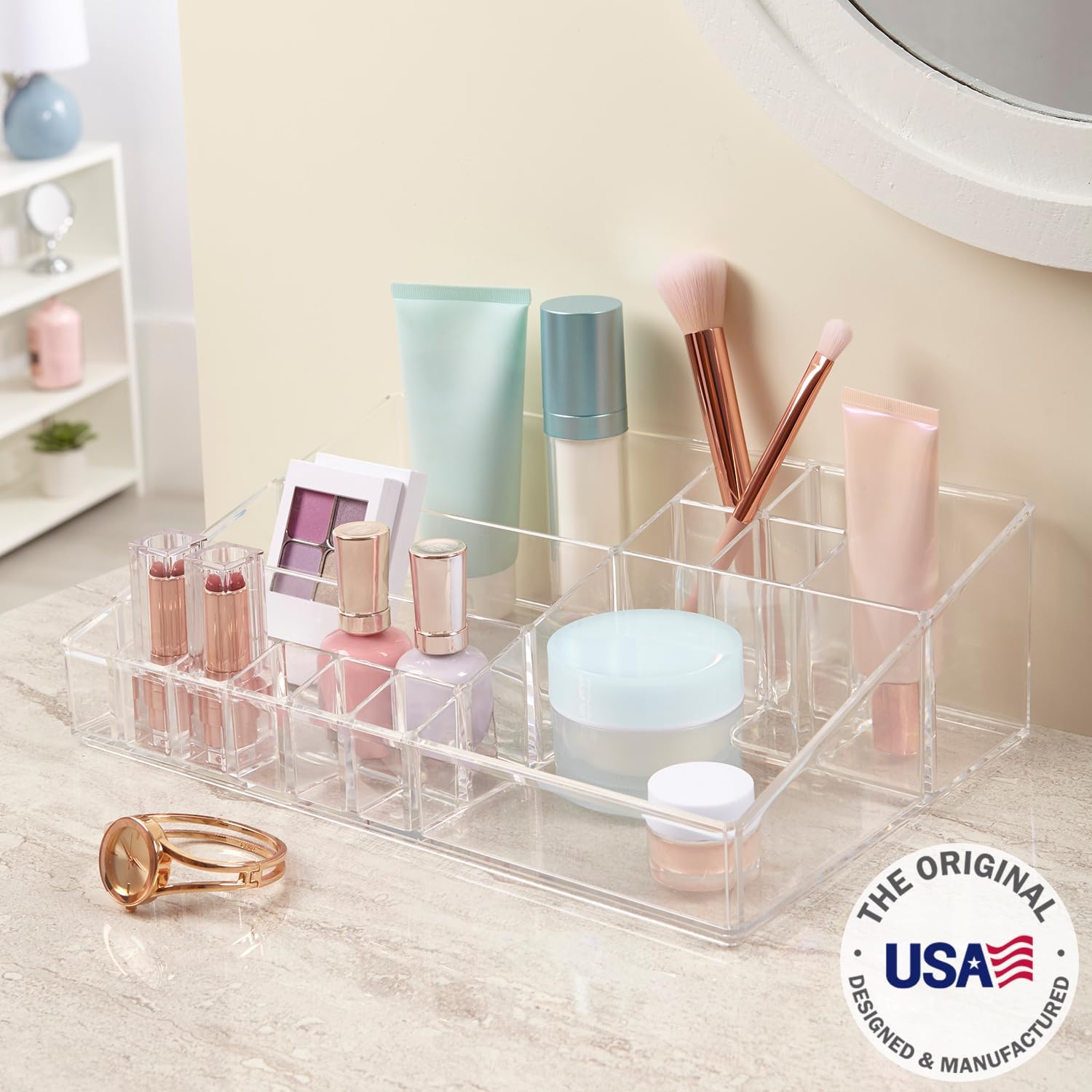 Private Label STORi Audrey Clear Vanity Makeup Organizer | 15-Compartment Holder for Brushes, Eyeshadow Palettes, & Beauty Supplies | Stacks on Audrey Storage Drawers | Made in USA Factory Direct Price