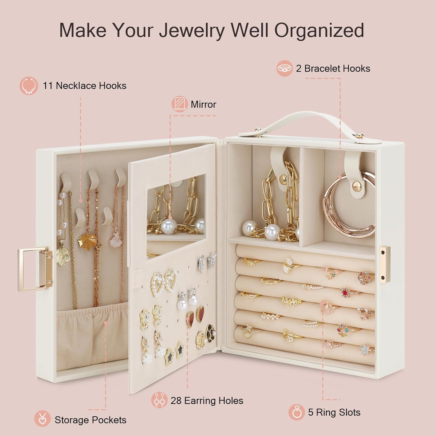 Direct Manufacturer DesignSter Jewelry Box Organizer, Portable Jewelry Storage Box with Mirror, Travel Jewelry Case with Handle for Rings Earrings Bracelets Necklaces(Beige & Pink) Low MOQ