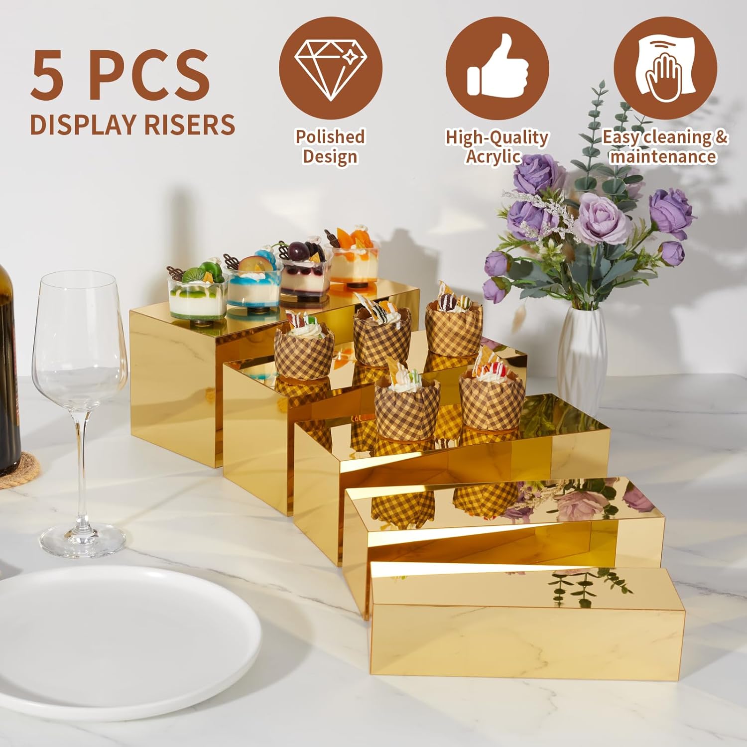 ODM Acrylic Food Display Risers, Gold Risers Boxes 5Pcs Rectangular Display Stand Shelf Buffet Risers for Catering Dessert Buffet Table, Parties, Weddings, Collectibles Shoes Display(5pc) Custom Logo Service