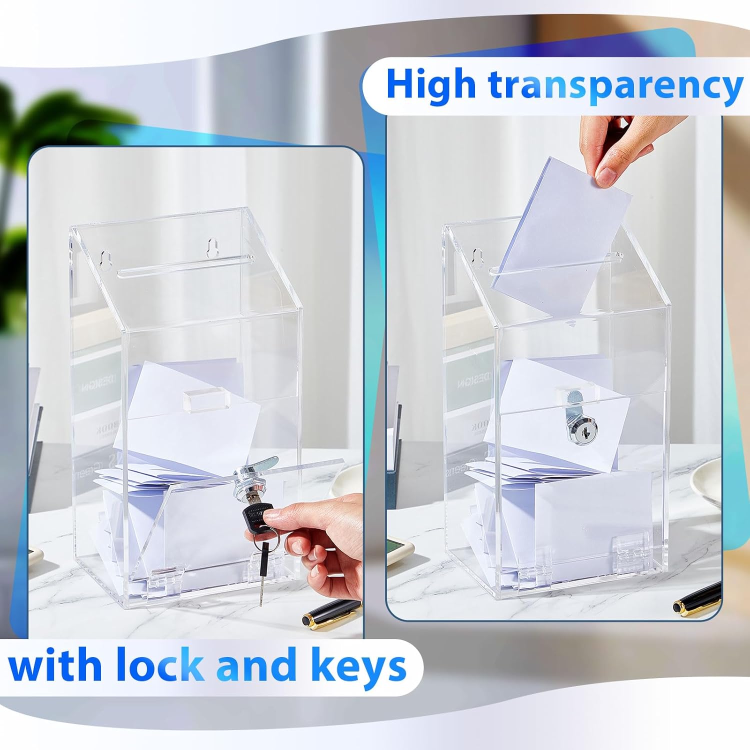 Private Label Acrylic Donation Box 10.2" x 5.6" x 4" Suggestion Box with Lock and Slot Wall Mount Safe Key Drop Ballot Clear Fundraising for Home Office Vote Custom Mold Development