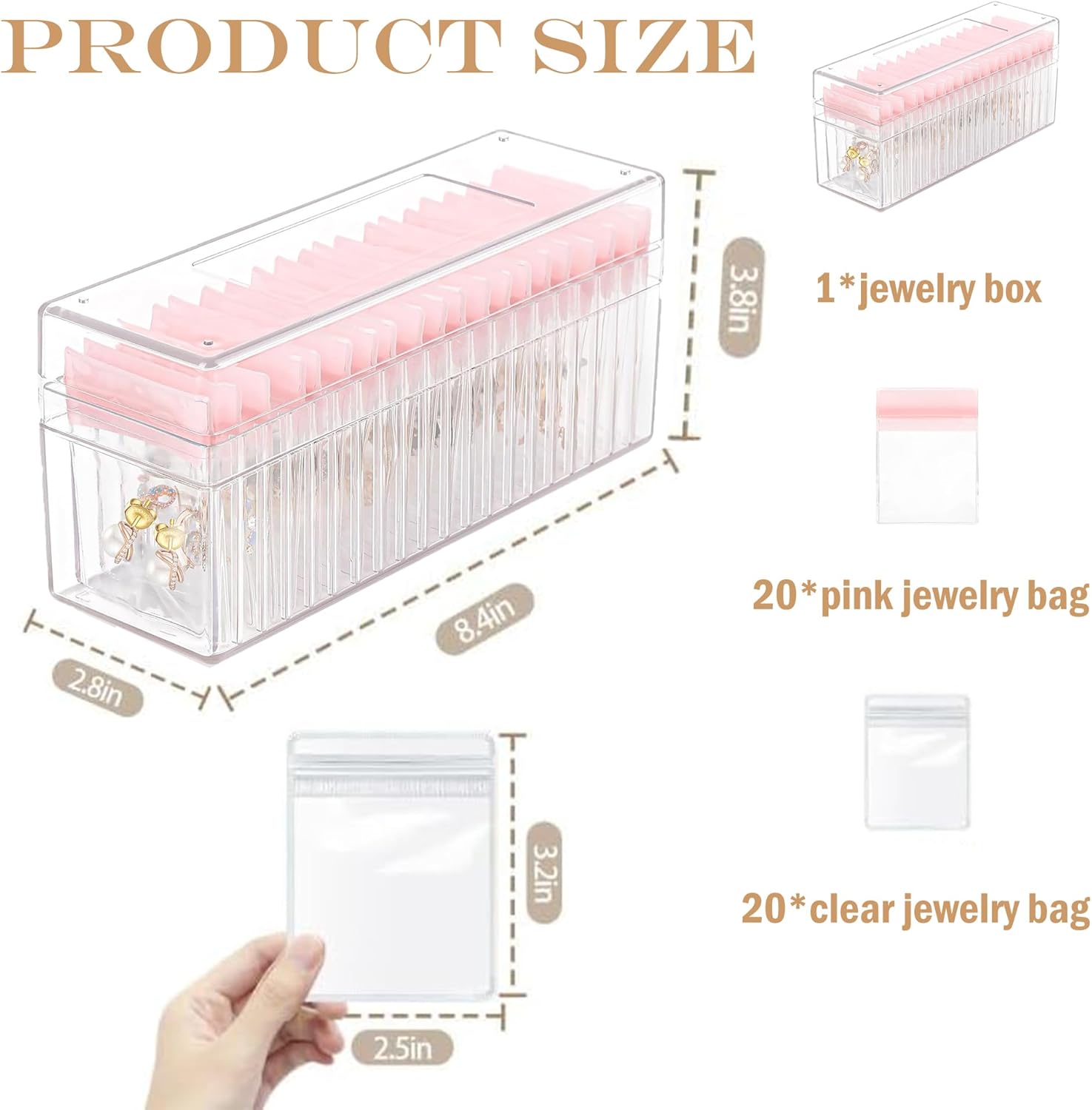 Direct Manufacturer Acrylic Jewelry Box Organizer with 40 PVC Portable Anti Tarnish Jewelry bags Clear Jewelry Organizer,Travel Jewelry Case for Earrings Ring Necklace (Clear+Pink) Low MOQ