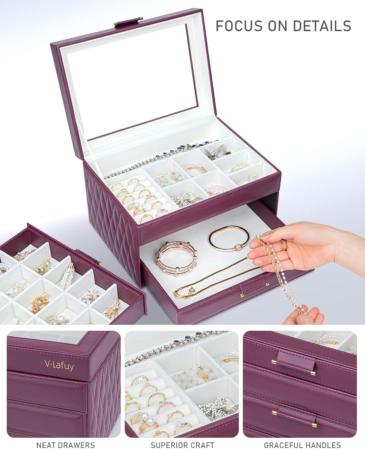 Direct Manufacturer Jewelry Organizer Jewelry Boxes for Women, Jewelry Box Clear Acrylic Lid 3-Tier with 2 Drawers, Gift for Women Storage Earring Necklace Watch Bracelet and Rings, Burgundy Red Low MOQ