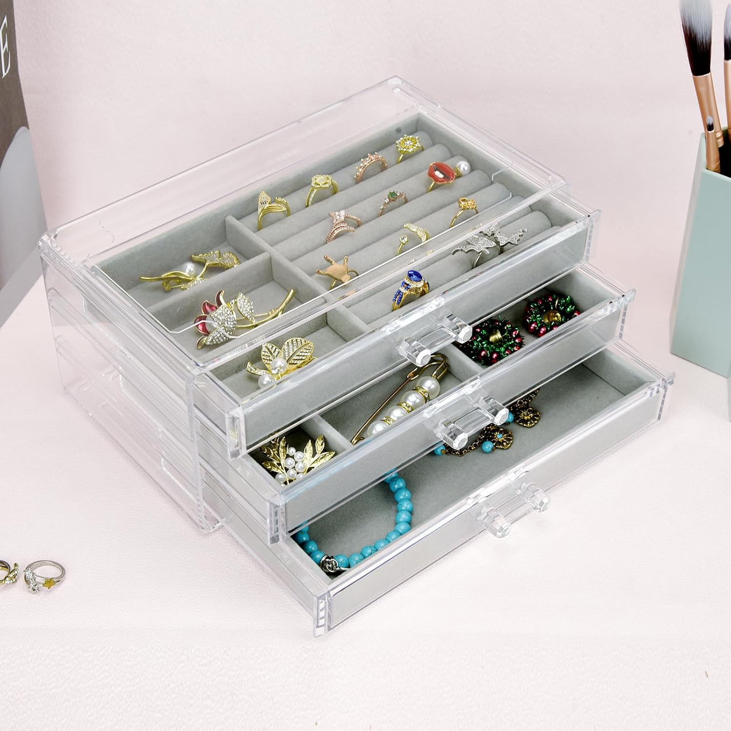 Direct Manufacturer Acrylic Jewelry Box 3 Drawers, Velvet Jewellery Organizer, Earring Rings Necklaces Bracelets Display Case Gift for Women, Girls Low MOQ