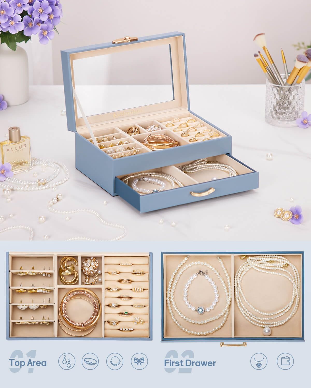 Direct Manufacturer Jewelry Box with 1 Drawers: Display Organizer for Earrings Necklaces - Gift for Girls Women (Grey Blue) Low MOQ