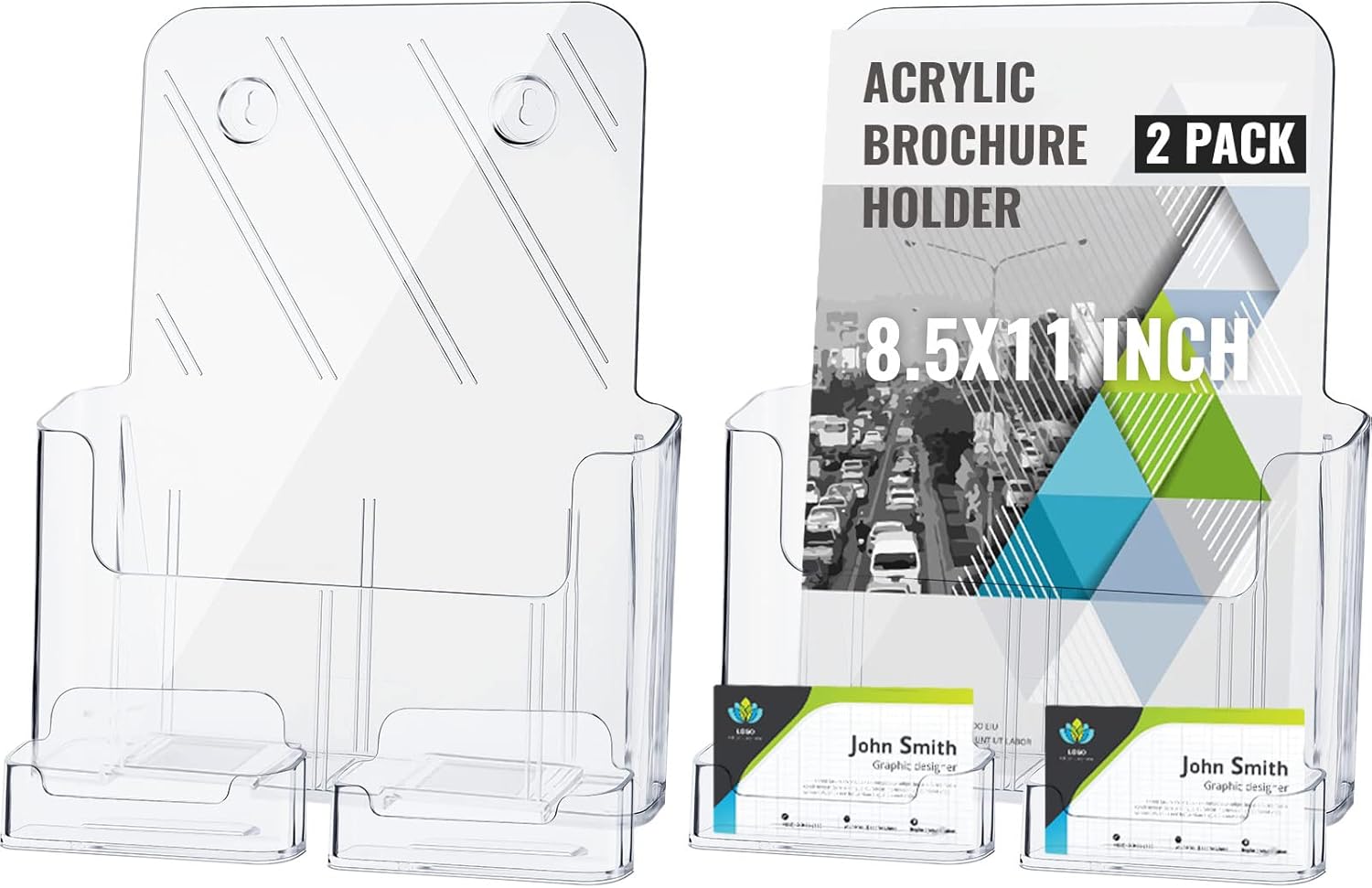 Outus 2 Sets 8.5 x 11'' Acrylic Brochure Holder with Business Card Holder Bifold Acrylic Literature Display Stand Half Page Flyer Display Magazine Pamphlet Booklet Stand for Desk Wall Mount