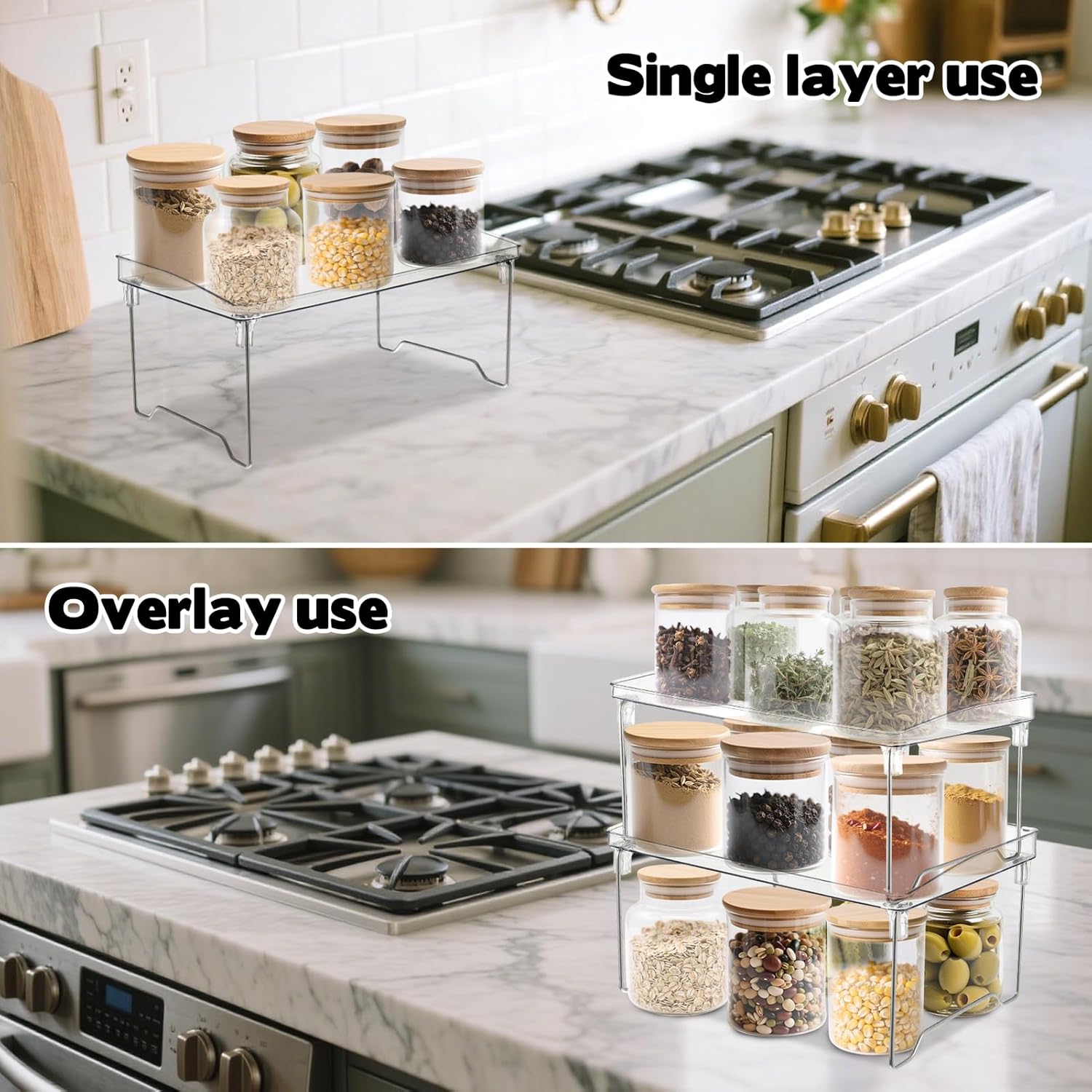 Private Label Rainmae 2 Pcs Spice Rack Organizer, Cabinet Organizer Shelf，Stackable Kitchen Counter Shelves, Countertop Organizers, Clear Plastic Storage Shelves Rack for Makeup Bathroom Desk Pantry Organization Dropshipping Friendly