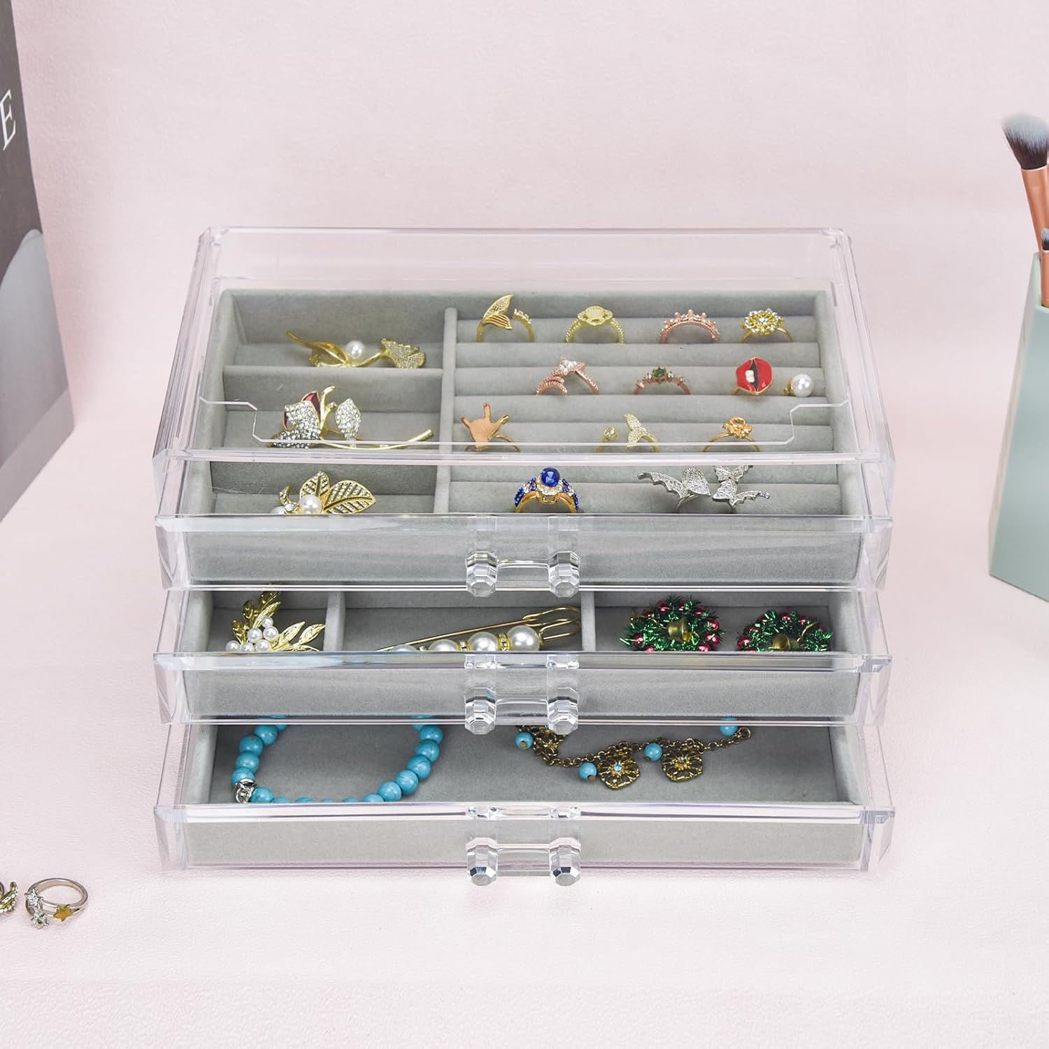 Direct Manufacturer Acrylic Jewelry Box 3 Drawers, Velvet Jewellery Organizer, Earring Rings Necklaces Bracelets Display Case Gift for Women, Girls Low MOQ