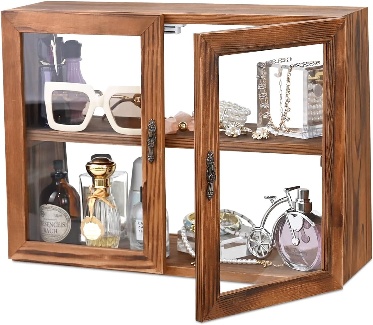 MOOCA Tempered-Glass Wood Display Case with Double Doors, Adjustable 2-level Collection Display Case for Mini Funko Pop Figures, Bakery Pastry Container, Jewelry Organizer Storage, Brown Color