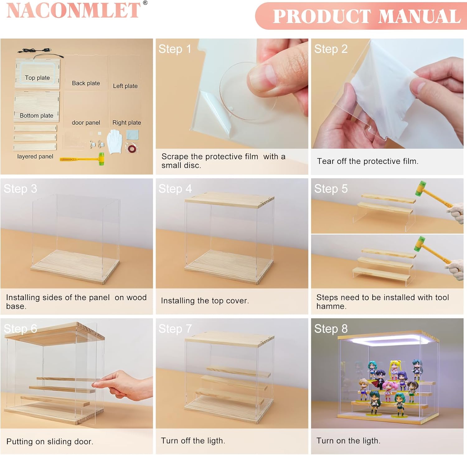 Private Label Clear Acrylic Display Case with Led Light for Figure ,5 Tier Display Stand Dustproof Display Box for Collectibles Organize Storage Box Popmart Doll Toy（5 Tier-W*D*H-12.6"x11.4"x13.3"inches） Ecommerce Ready Product