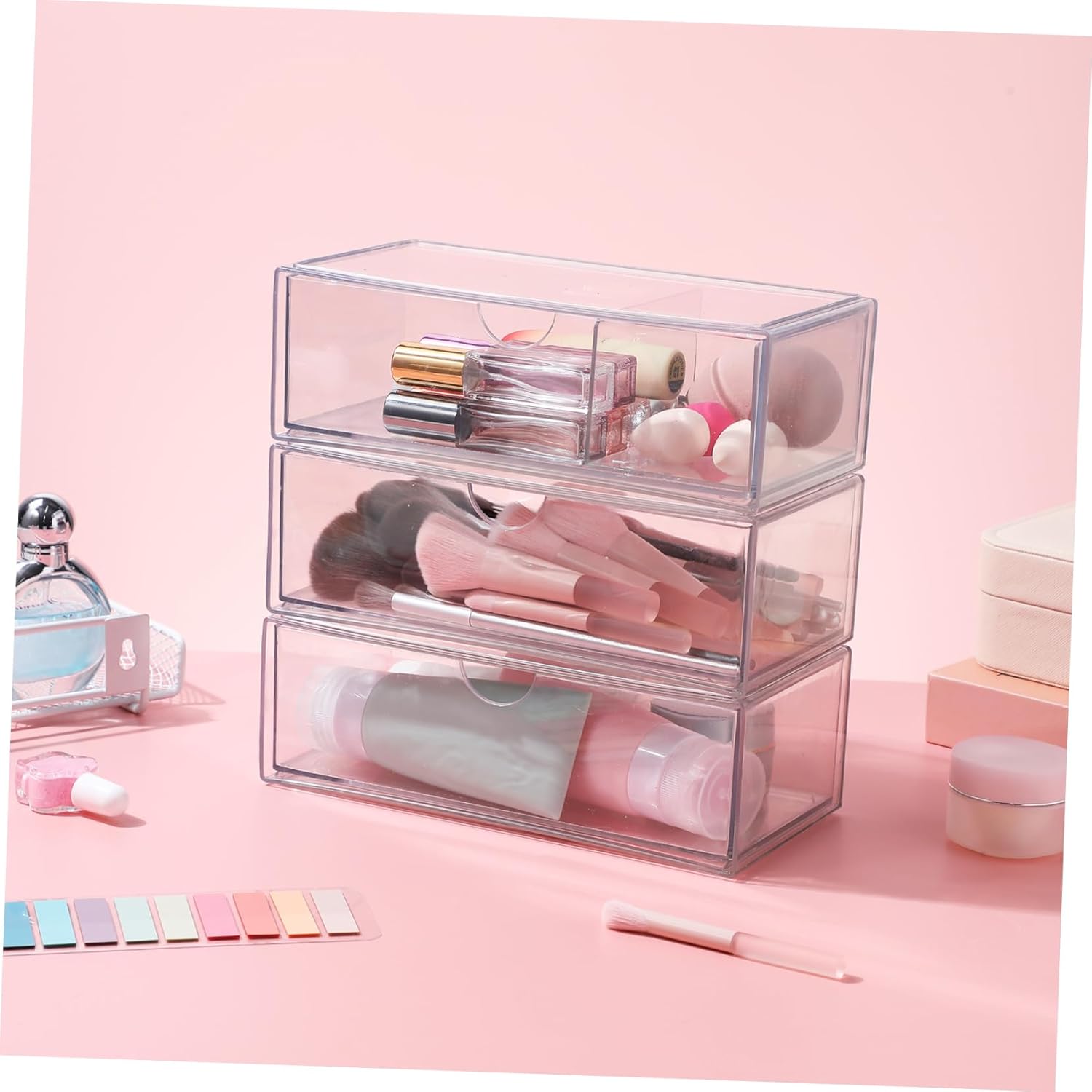 Private Label 3Pcs Clear Makeup Organizer Transparent Vanity Storage Box for Lipsticks Cotton Pads and Cosmetics Stylish and Lidded Makeup Storage for Neat Custom Logo Service