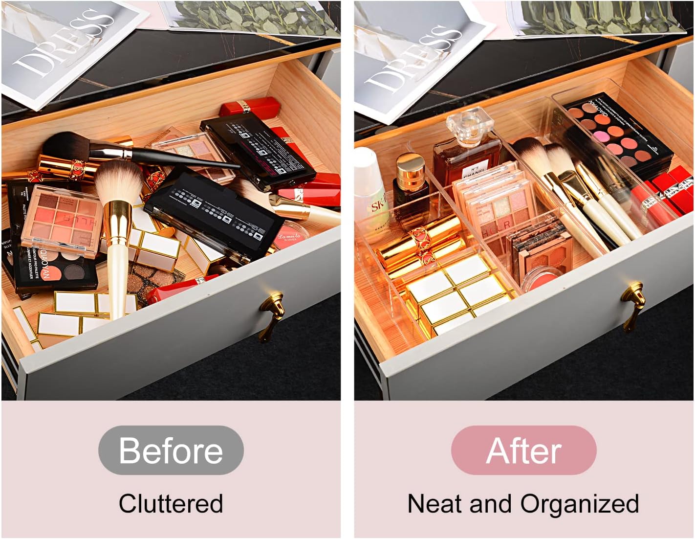 Private Label JessLab Acrylic Makeup Organizers, 3-Section Bathroom Organizer for Drawer, Cosmetic Display Cases for Vanity, Countertop, Desk, Kitchen, and Cabinet Storage Factory Direct Price