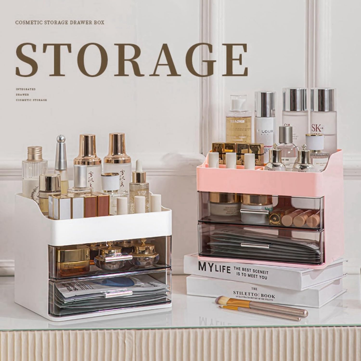 Private Label Pink Makeup & Skincare Organizer - 2 Drawer Vanity Storage Box with Cosmetic Display Case Factory Direct Price