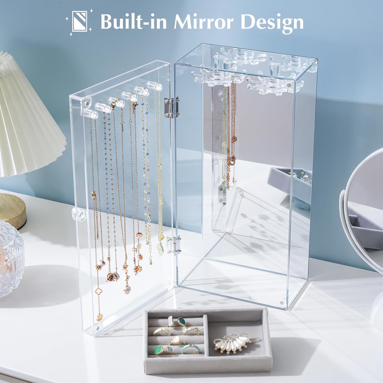 Direct Manufacturer Lolalet Necklace Holder Organizer, Acrylic Jewelry Organizer with 24 Hooks, Rotating Clear Necklaces Display Box with Built-in Mirror, Dust-proof Jewelry Storage Case with Velvet Tray -Clearmirror Low MOQ
