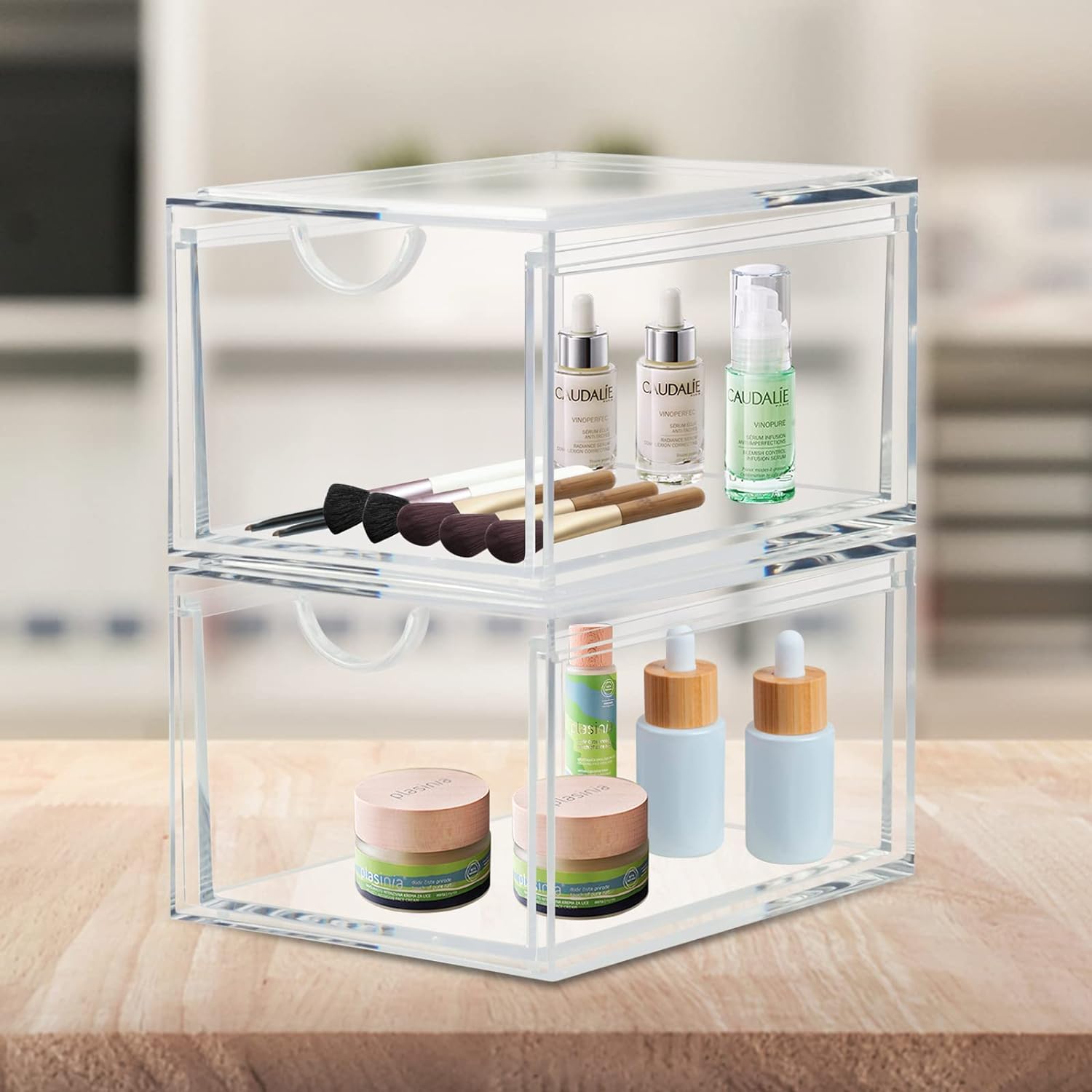 Private Label 2 Pack Stackable Cosmetic Organizer Drawers, Clear Acrylic Makeup Storage Organizer Box, Plastic Storage Bins Vanity Container for Bathroom Countertop, Bedroom Dresser, Kitchen Cabinets Custom Logo Service