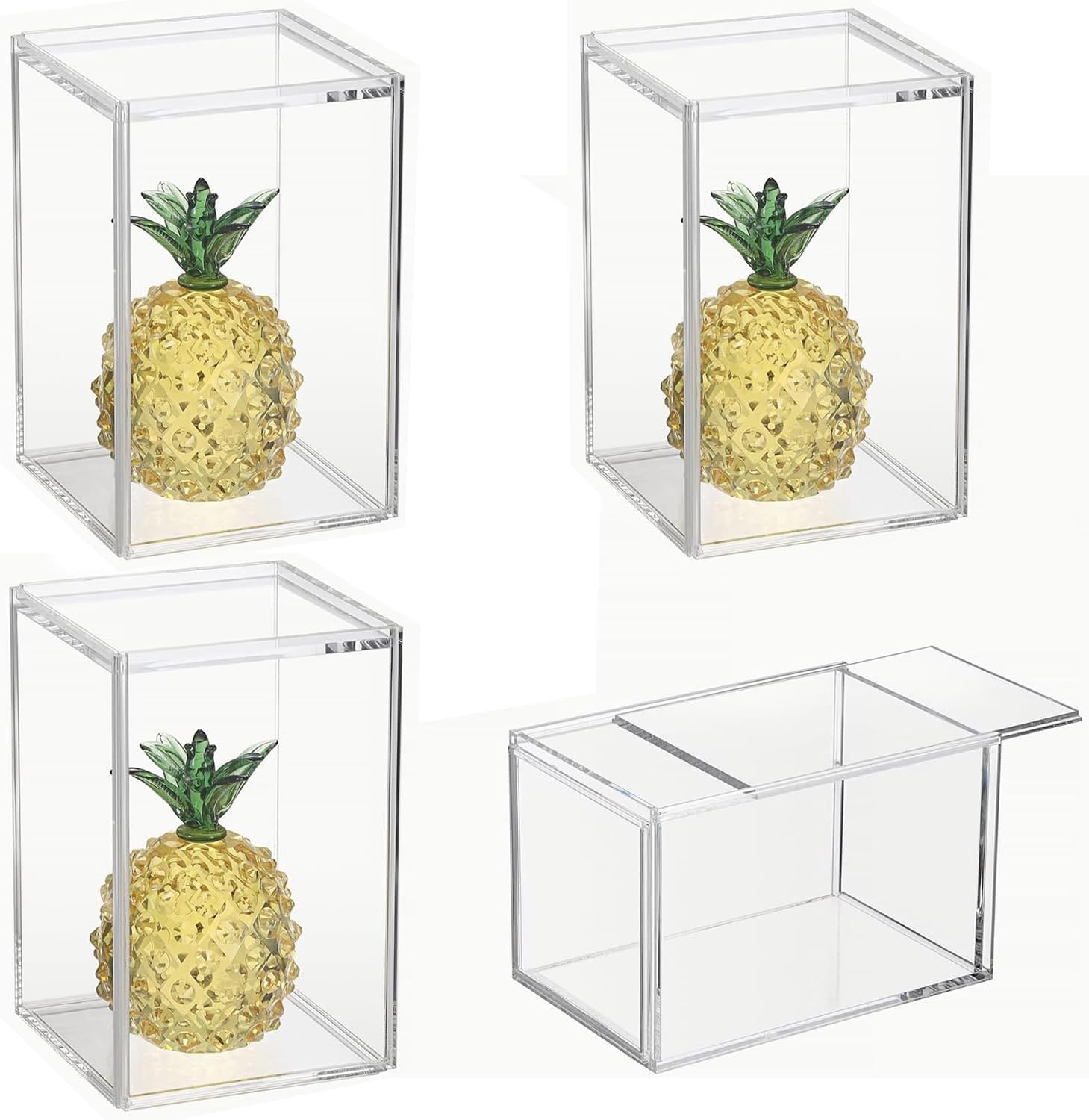 JUXYES Pack of 4 Clear Display Case for Mini Action Figures, Acrylic Box With Sliding Door, Stackable Cube Small Showcase, Free Standing Collectibles Protection