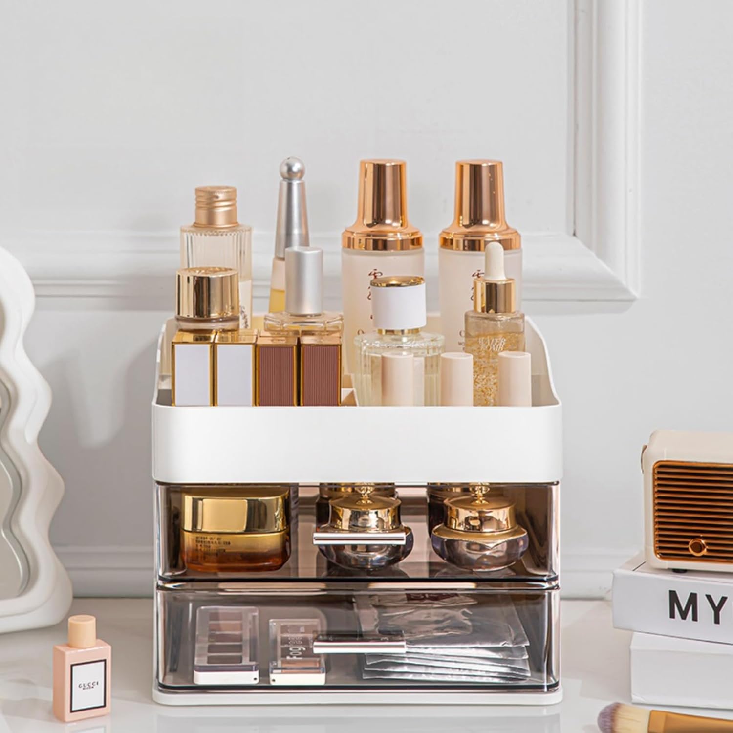 Private Label Pink Makeup & Skincare Organizer - 2 Drawer Vanity Storage Box with Cosmetic Display Case Factory Direct Price
