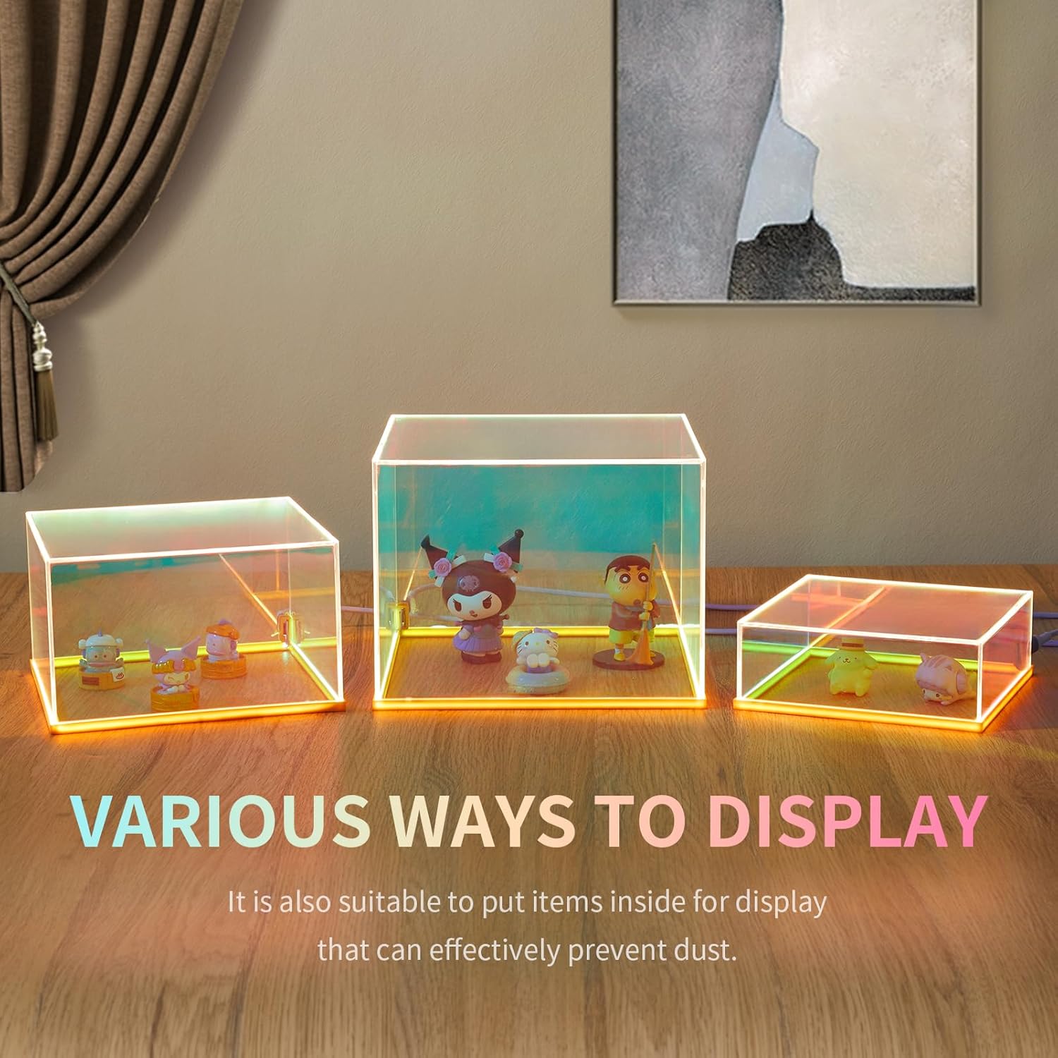 Private Label 3Pcs Iridescent Acrylic Display Risers with LED light, Acrylic Cube Box Rainbow Display Stand with Hollow Bottoms for Figures Dessert Jewelry Perfume Handbag Ecommerce Ready Product