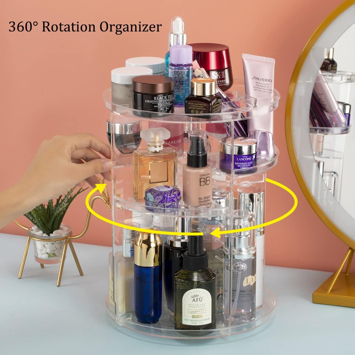 Private Label 360° Rotating Makeup Organizer, Skincare Storage Box, Cosmetic Display Case with Brush Holder Perfume Tray, Multifunctional Rotating Rack Suitable for Dressing Tables and Bathroom Countertops Custom Logo Service