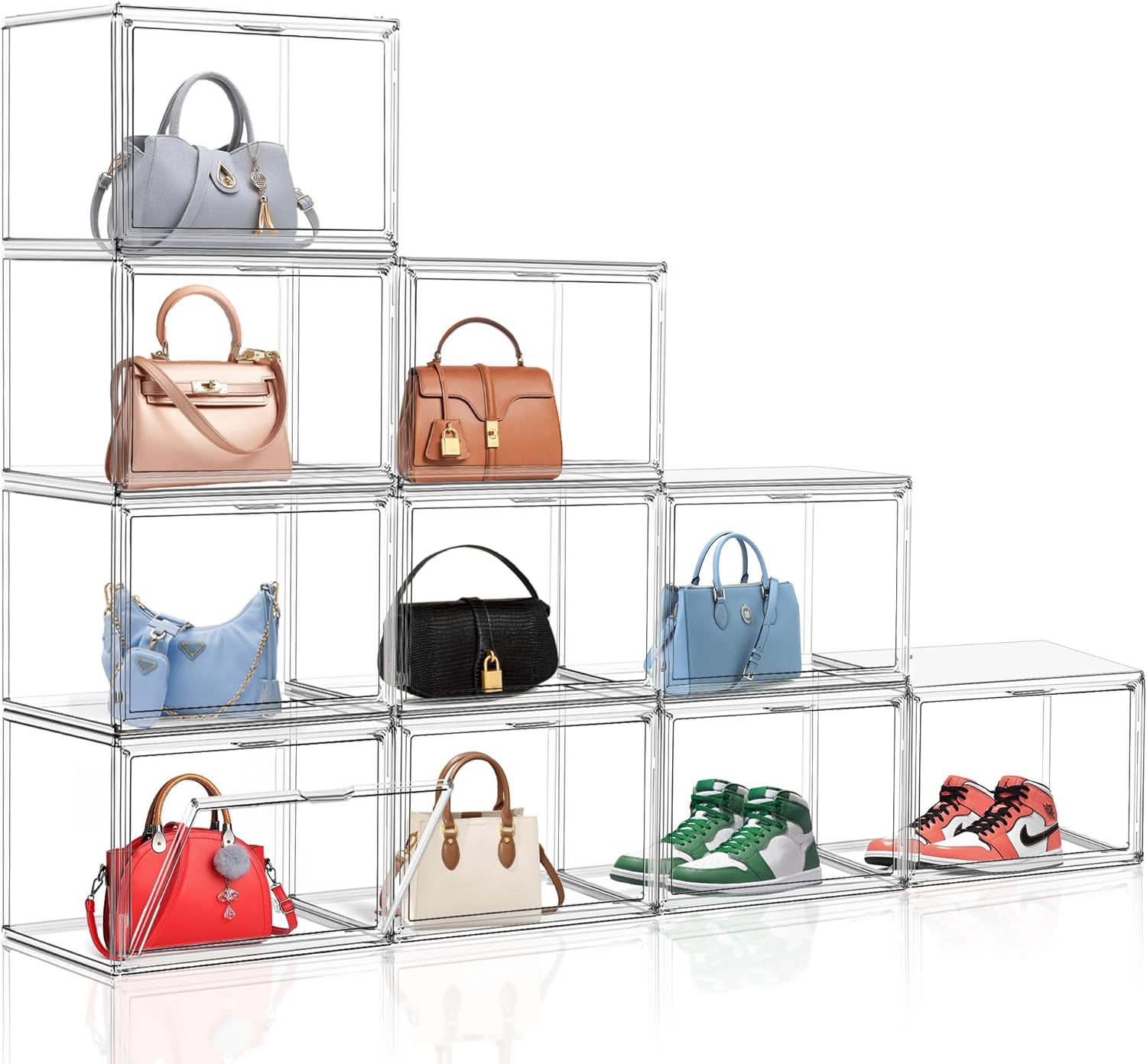 4Pack Clear Shoe Box Organizer, Acrylic Display Cases for Book Cosmetic Figures Collectibles Showcase, X-Large Bag Stackable Plastic Storage Bins with Magnetic Lid