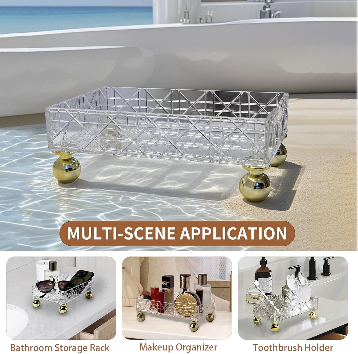 Private Label Transparent Makeup Organizer Storage Box Bathroom Counter Organizer Acrylic Vanity Tray with Gold Feet Geometric Texture Waterproof Makeup Organizer Countertop Storage for Hotel Home Custom Logo Service