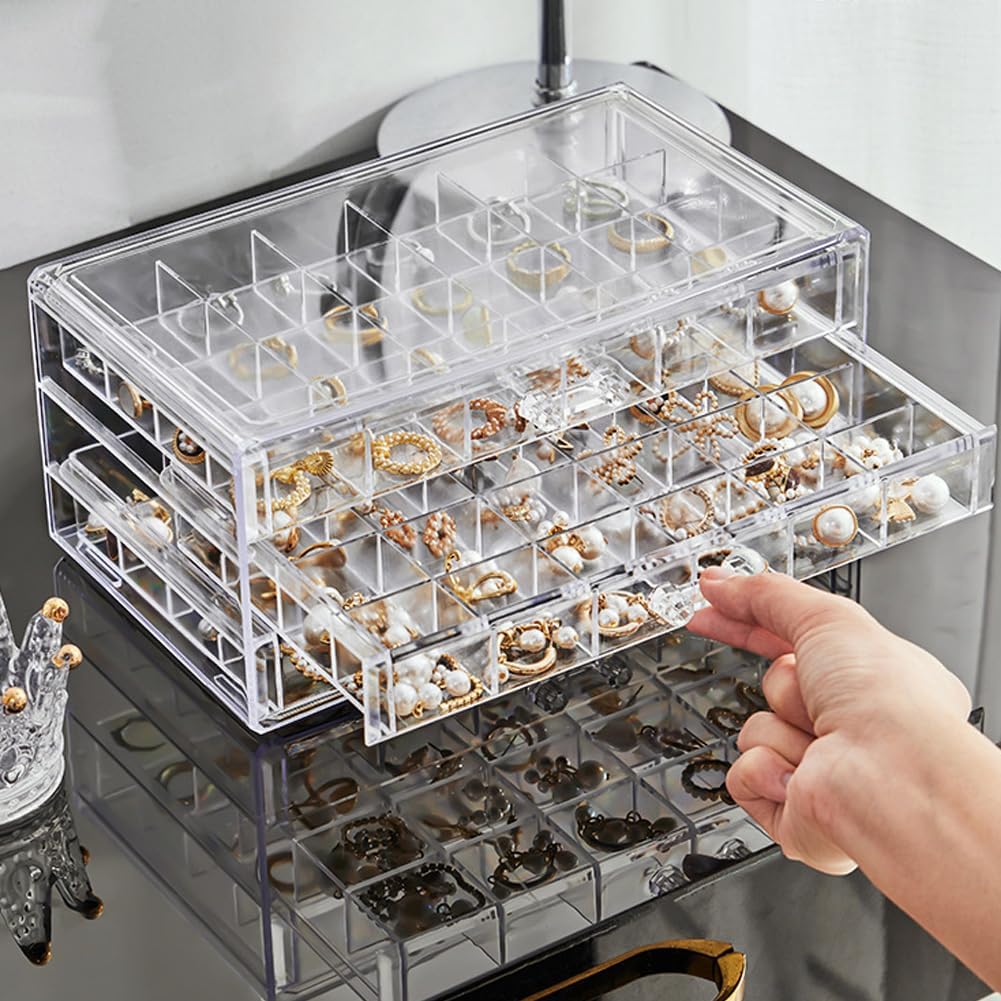 Direct Manufacturer Earring Organizer Box Acrylic Stackable Jewelry Organizer with 3 Drawers 72 Small Compartments Clear Jewelry Display Stand for Stud Earring Ring Pin Display (Transparent) Low MOQ