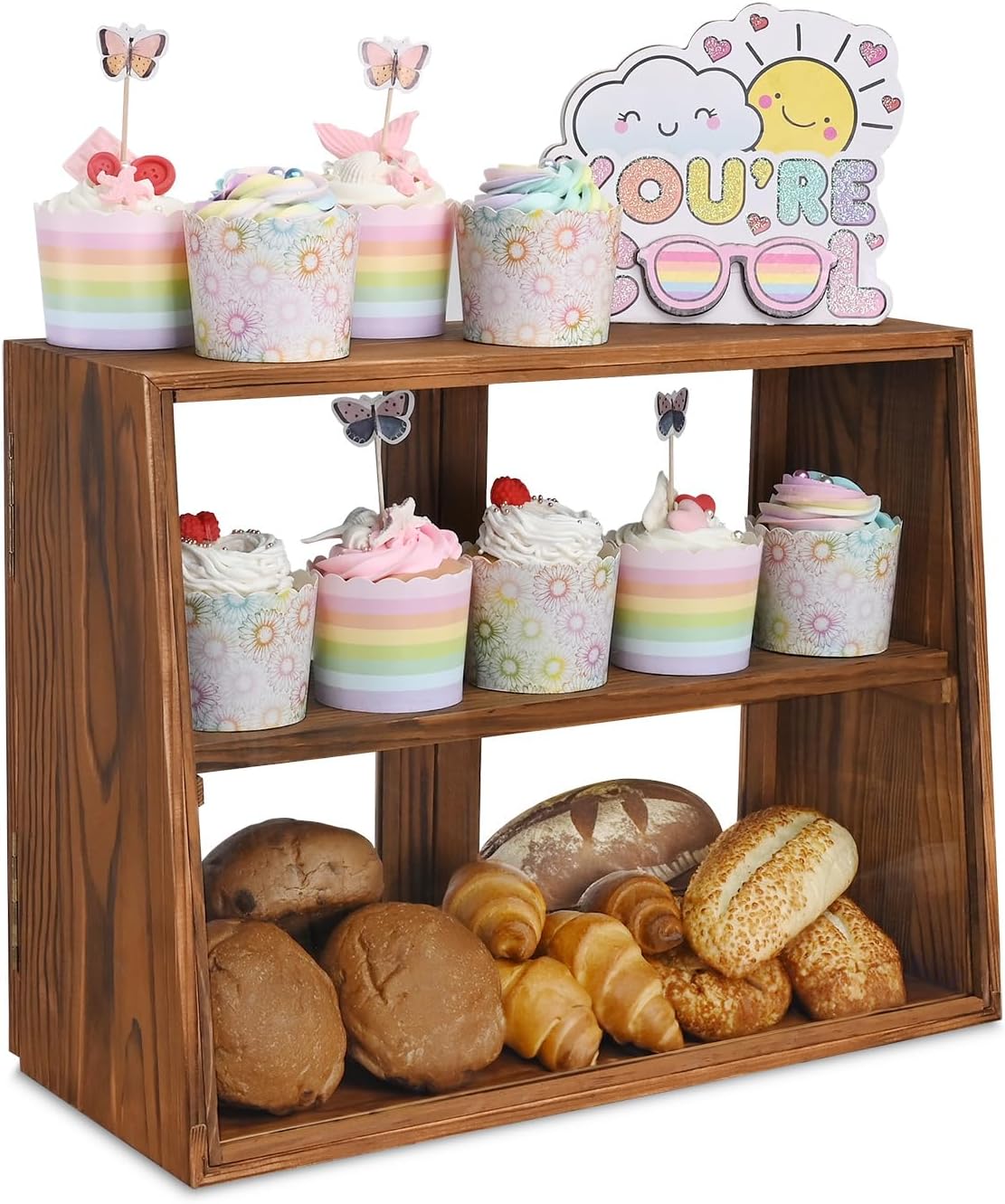 Wholesale OEM ODM MOOCA Tempered-Glass Wood Display Case with Double Doors, Adjustable 2-level Collection Display Case for Mini Funko Pop Figures, Bakery Pastry Container, Jewelry Organizer Storage, Brown Color Factory & Supplier