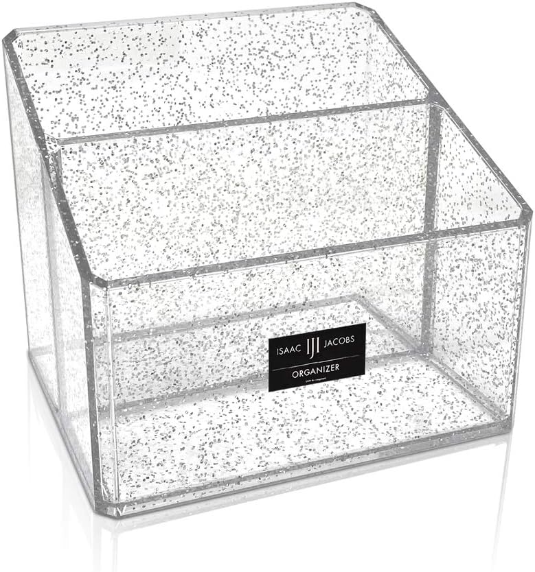 Isaac Jacobs Clear Acrylic 2-Section Organizer, Remote Holder & Multi-Functional Makeup, Brush, Pen & Pencil Storage Solution, for The Home, Bathroom, Office, Child’s Desk (2-Section, Silver Glitter)