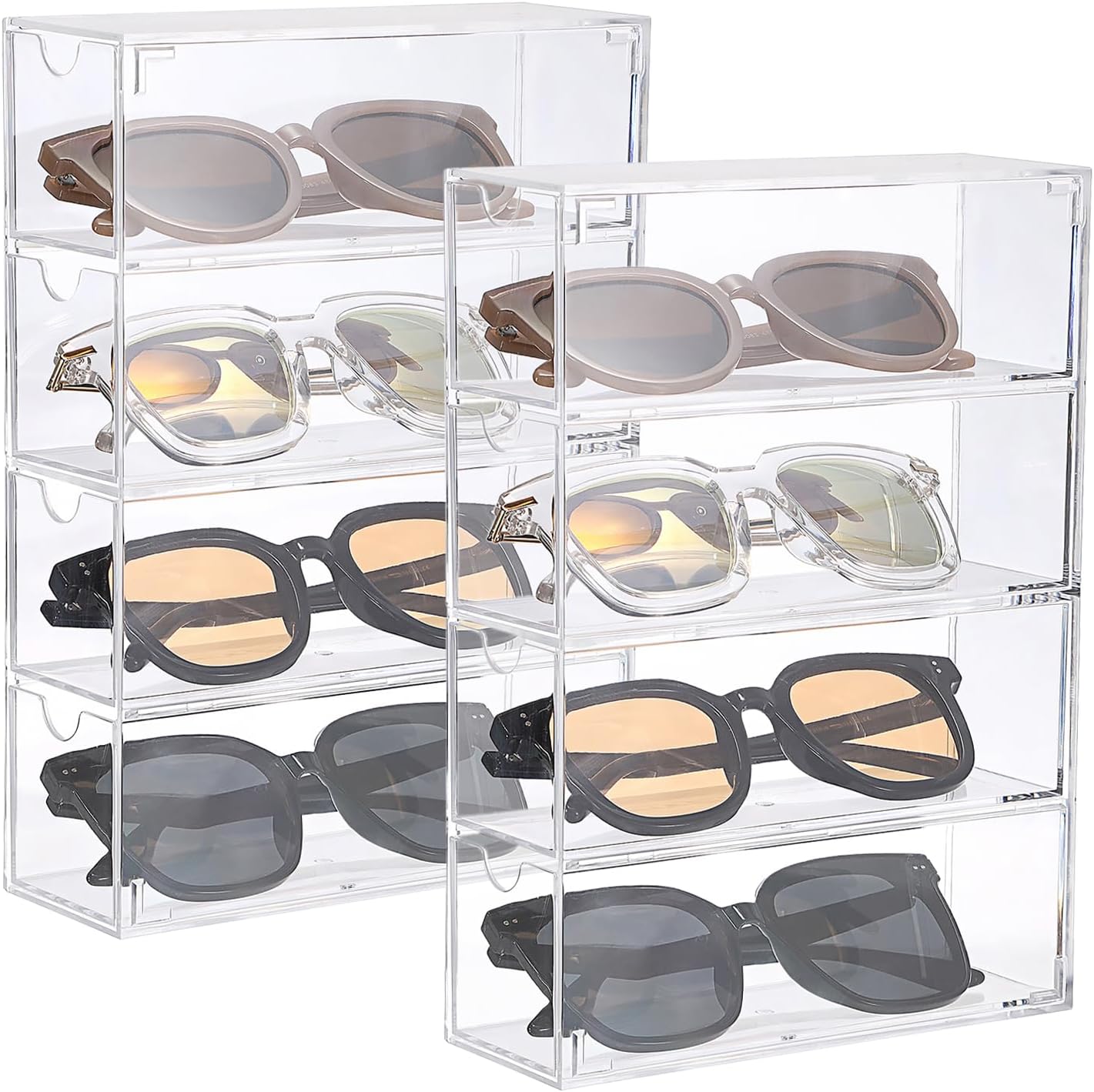 Private Label Hipiwe Acrylic Sunglasses Organizer, 2 Pack Glasses Case Multiple Pairs Eyeglass Storage Organizer Sunglass Display Case with 4 Drawer Acrylic Storage Drawers for Jewelry Watch Custom Logo Service