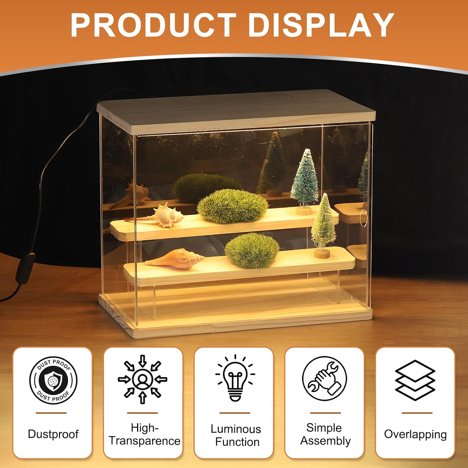 Private Label MECCANIXITY Clear Display Case, 2 Layer Acrylic Figure Display Case Clear Display Boxes for Collectibles, Figures Model Toys Home Storage(with Square LED Light, 13x5x9 Inch Wood Base) Ecommerce Ready Product