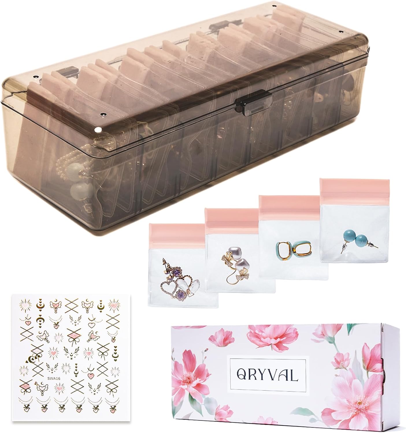 Jewelry Organizer and Storage Box with 24 EVA Anti Tarnish Bags, Travel Acrylic Case for Earrings, Necklaces & Rings, Elegant Gift for Women & Girls (Mocha Brown)
