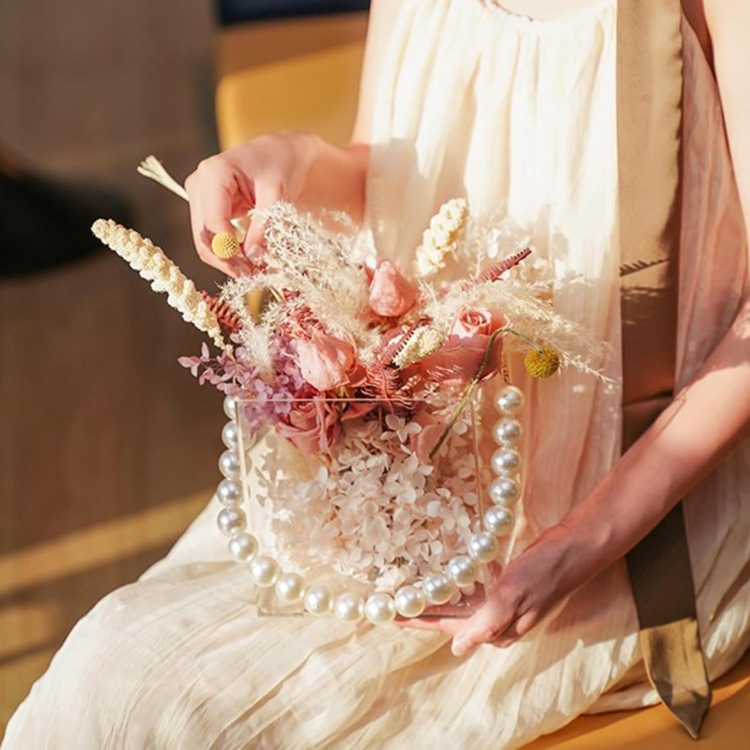 Private Label Flower Girl Basket Wedding Basket Petals basket with ribbon Acrylic Flower Holder for Confetti (Pearl) Wholesale Manufacturer