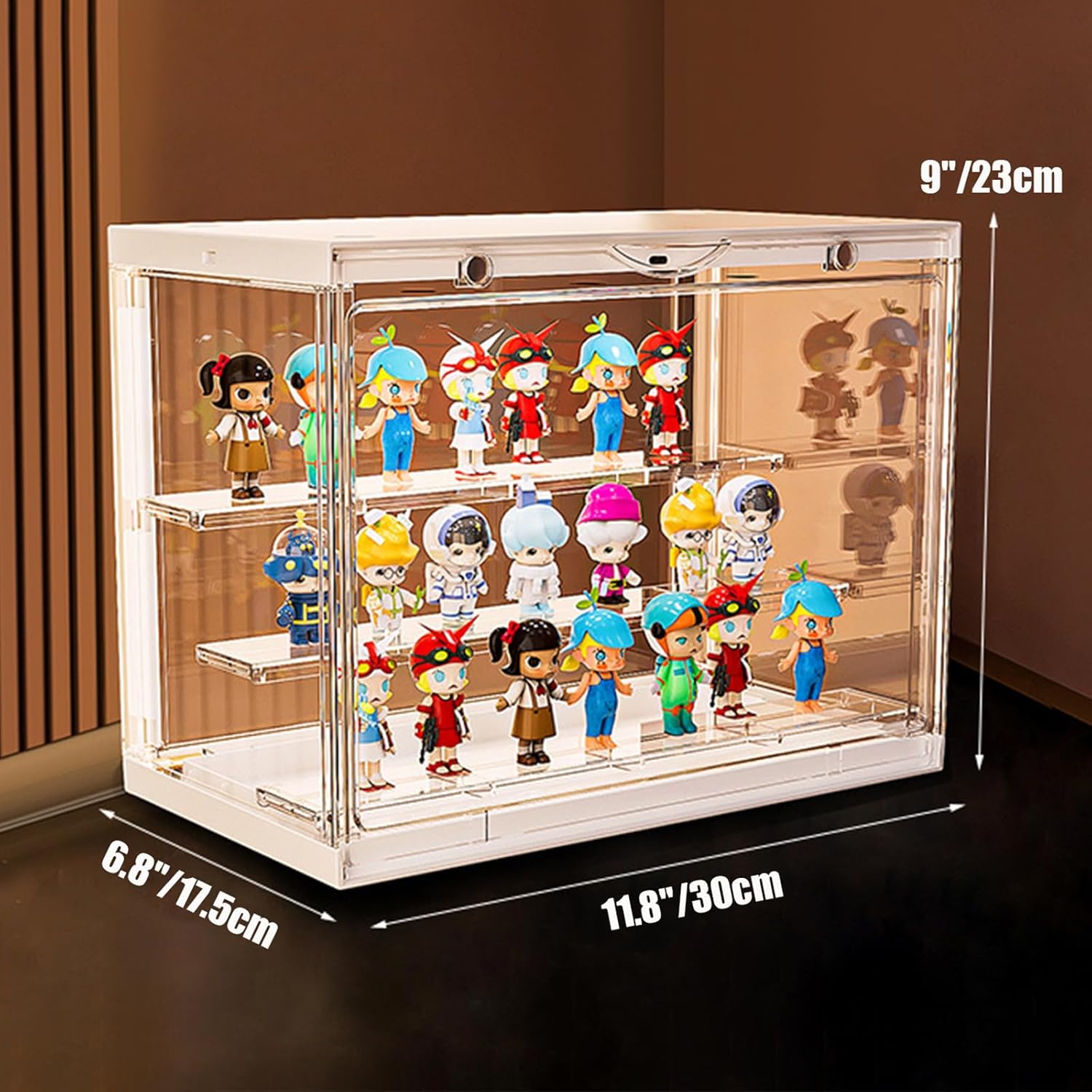 Private Label Acrylic Display Case - LED-Lit, 3 Layer Adjustable Clear Figure Display Case with Magnetic Door, Stackable Display Stand Box for Collectibles Action Figures Ecommerce Ready Product