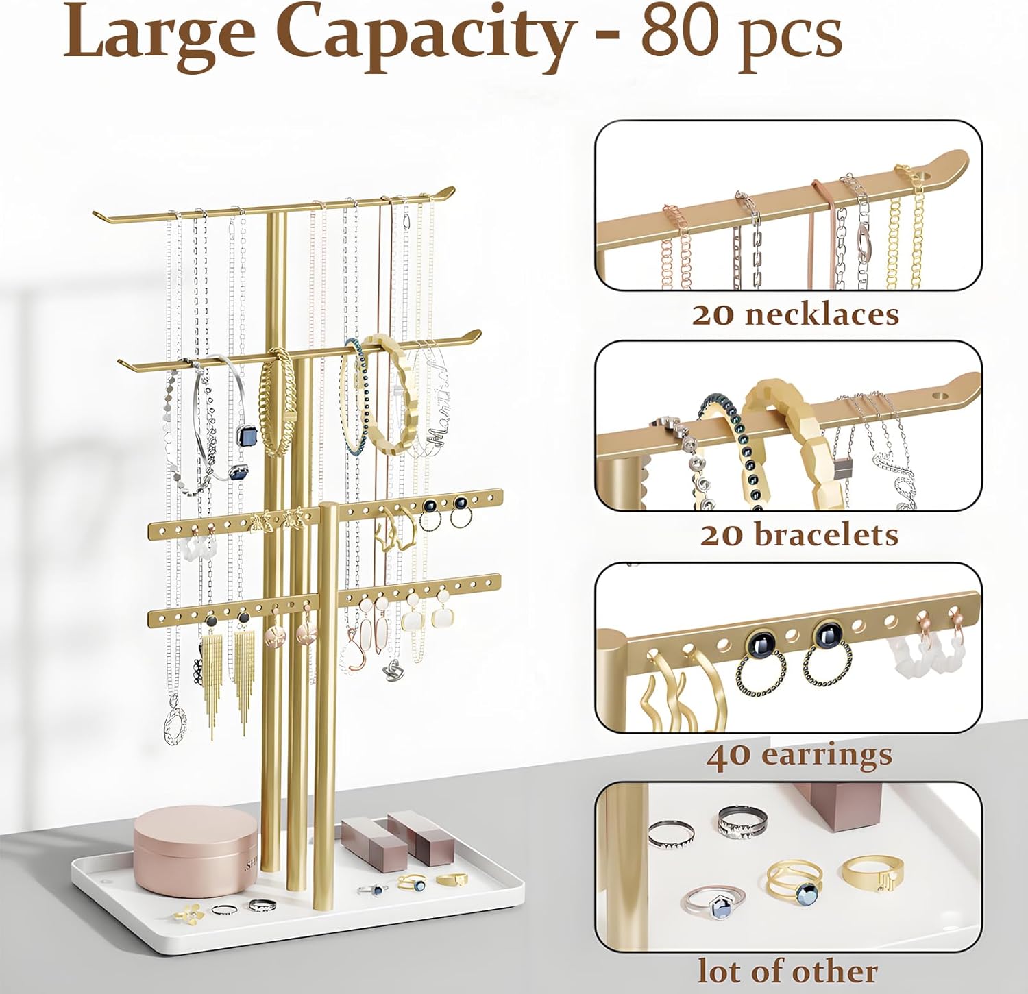 Direct Manufacturer pickpiff Jewelry Stand Holder Organizer: 14.5" Sturdy Hanger for 80 Pcs Jewelry, Gift for Women, Gold Jewlery Tower for Necklace, Earring, Bracelet Low MOQ