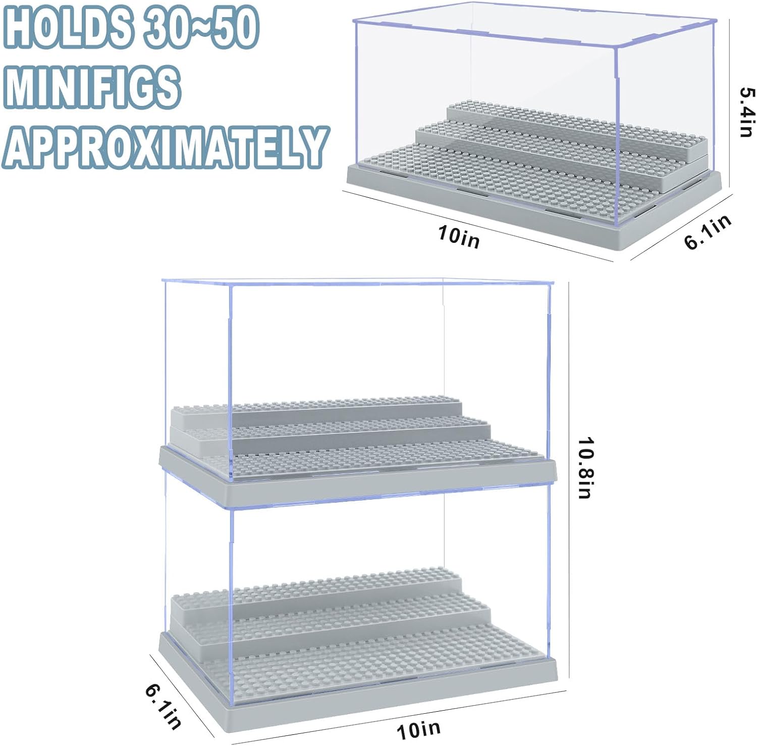ODM 4 Pack Display Case for Minifigure Action Figures Blocks, Acrylic Minifigure Display Case Box Storage with 3 Movable Steps Gift for Kids Adults (Grey) Custom Mold Development