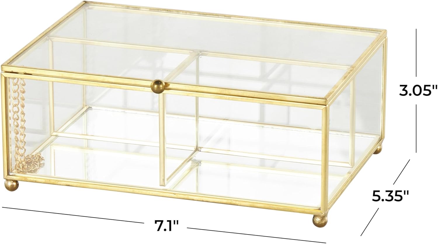 Direct Manufacturer Deco 79 Glass Decorative Jewelry Box 3 Slot Jewelry Organizer with Gold Metal Frame and Chain Accent, Jewelry Holder 7" x 5" x 3", Clear Low MOQ