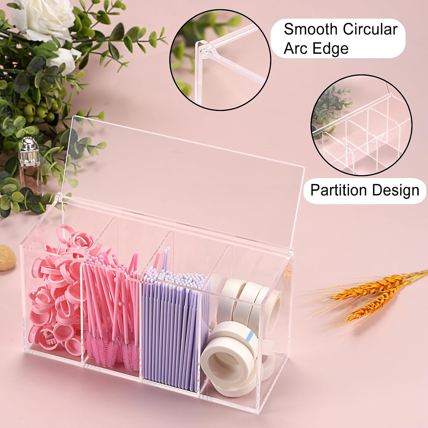 Private Label ELLDOO Lash Extension Organizer Box with Lid, Acrylic Eyelash Supplies Organizer Storage Box, 4 Compartments Bathroom Supplies Storage Container for Cotton Swabs, Balls, Pads, Floss Picks Custom Logo Service